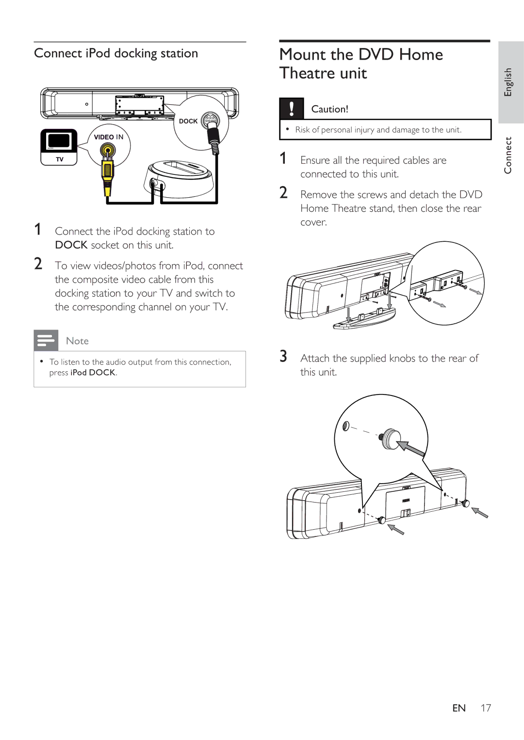 Philips HTS8141/12 Mount the DVD Home Theatre unit, Connect iPod docking station, Ensure all the required cables are 