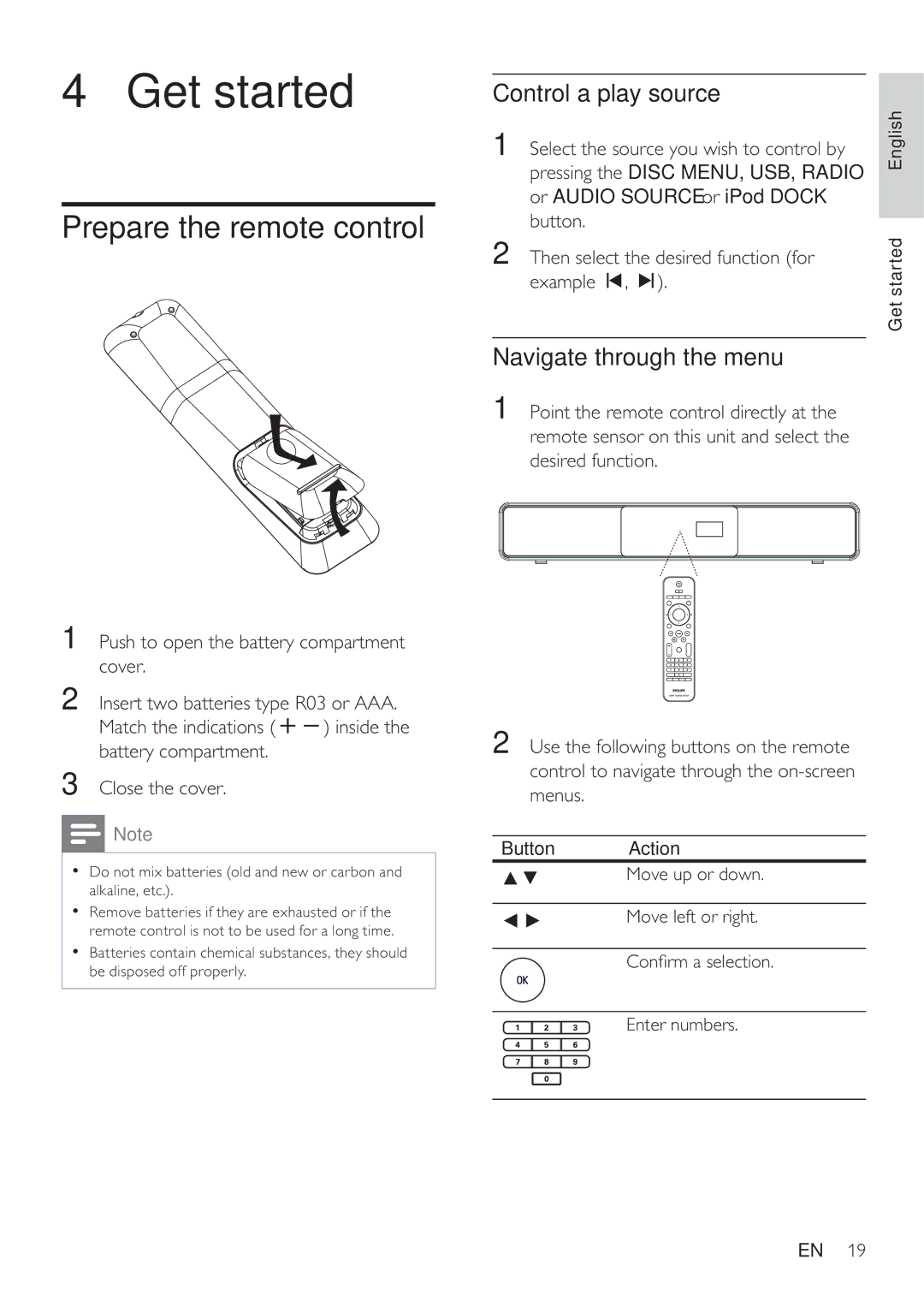 Philips HTS8141/12 user manual Get started, Prepare the remote control, Control a play source, Navigate through the menu 