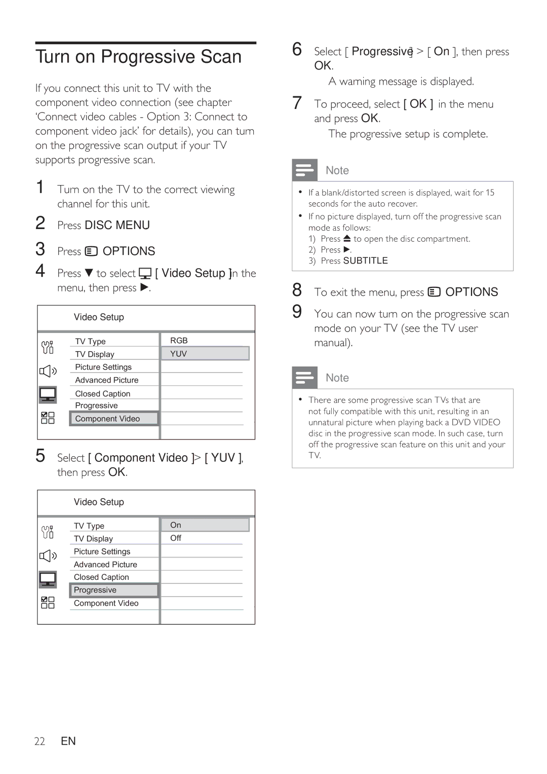 Philips HTS8141/12 Turn on Progressive Scan, Select Component Video YUV, Then press OK, To exit the menu, press Options 