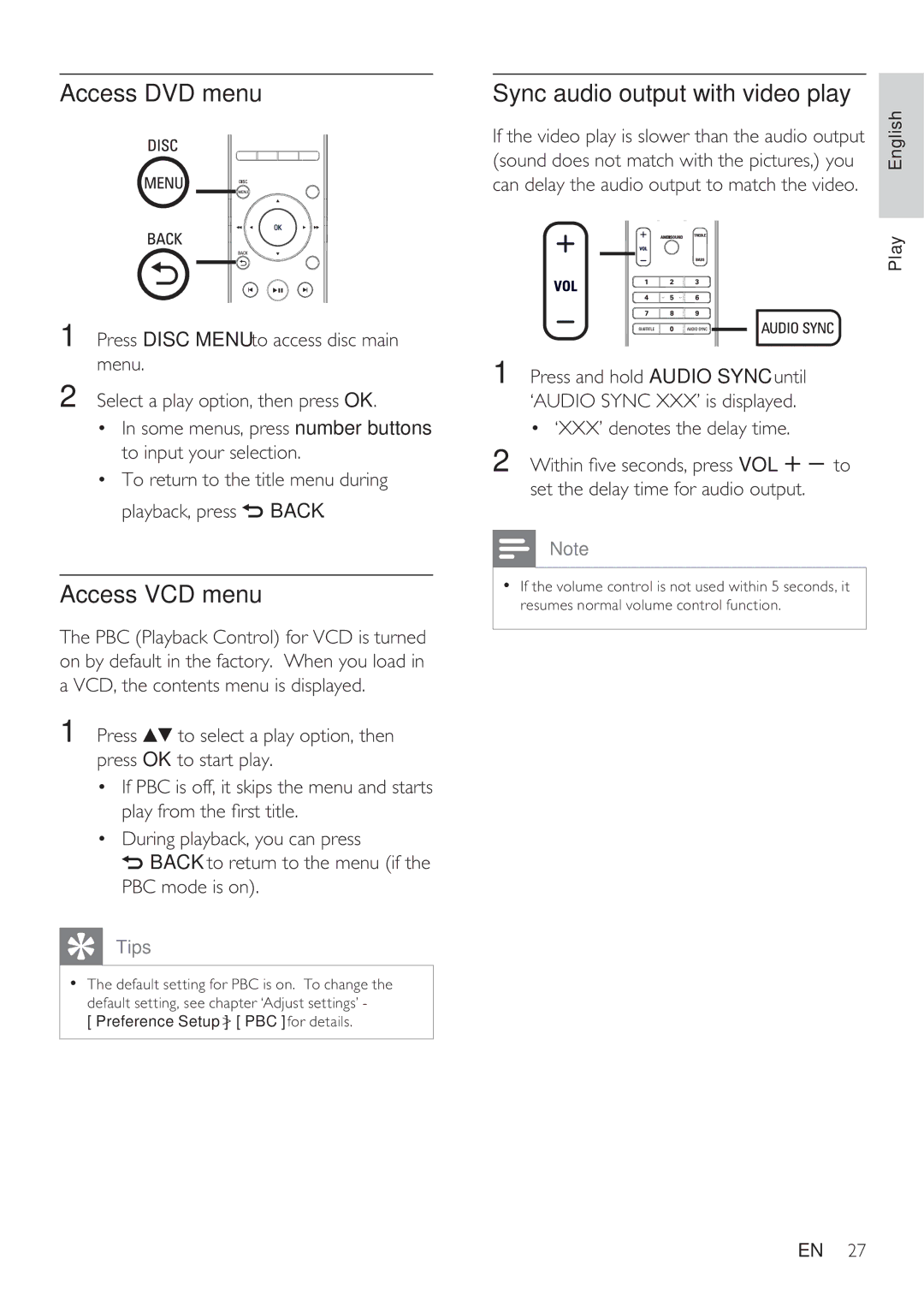 Philips HTS8141/12 user manual Access DVD menu, Access VCD menu, Sync audio output with video play 