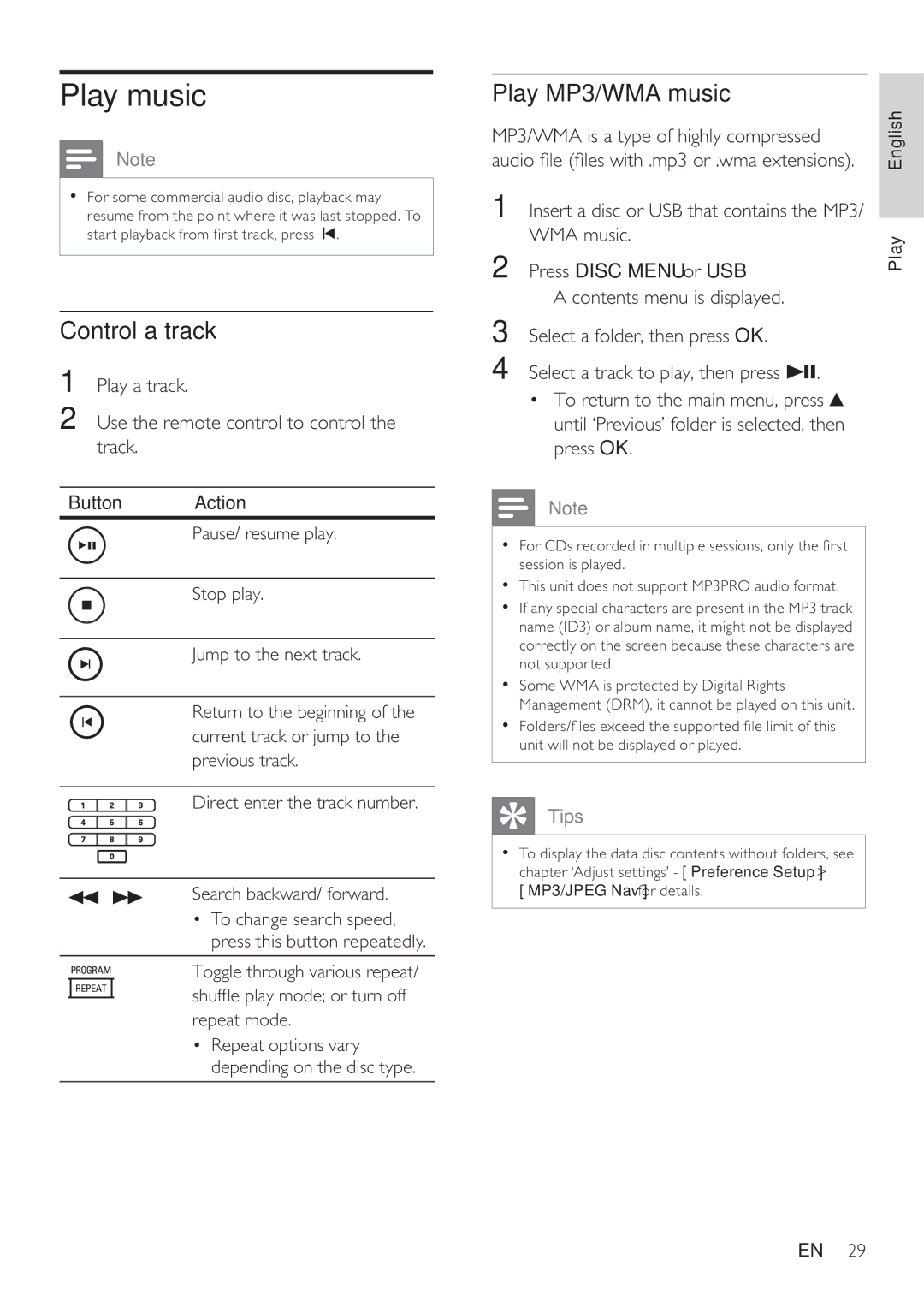 Philips HTS8141/12 user manual Play music, Control a track, Play MP3/WMA music 