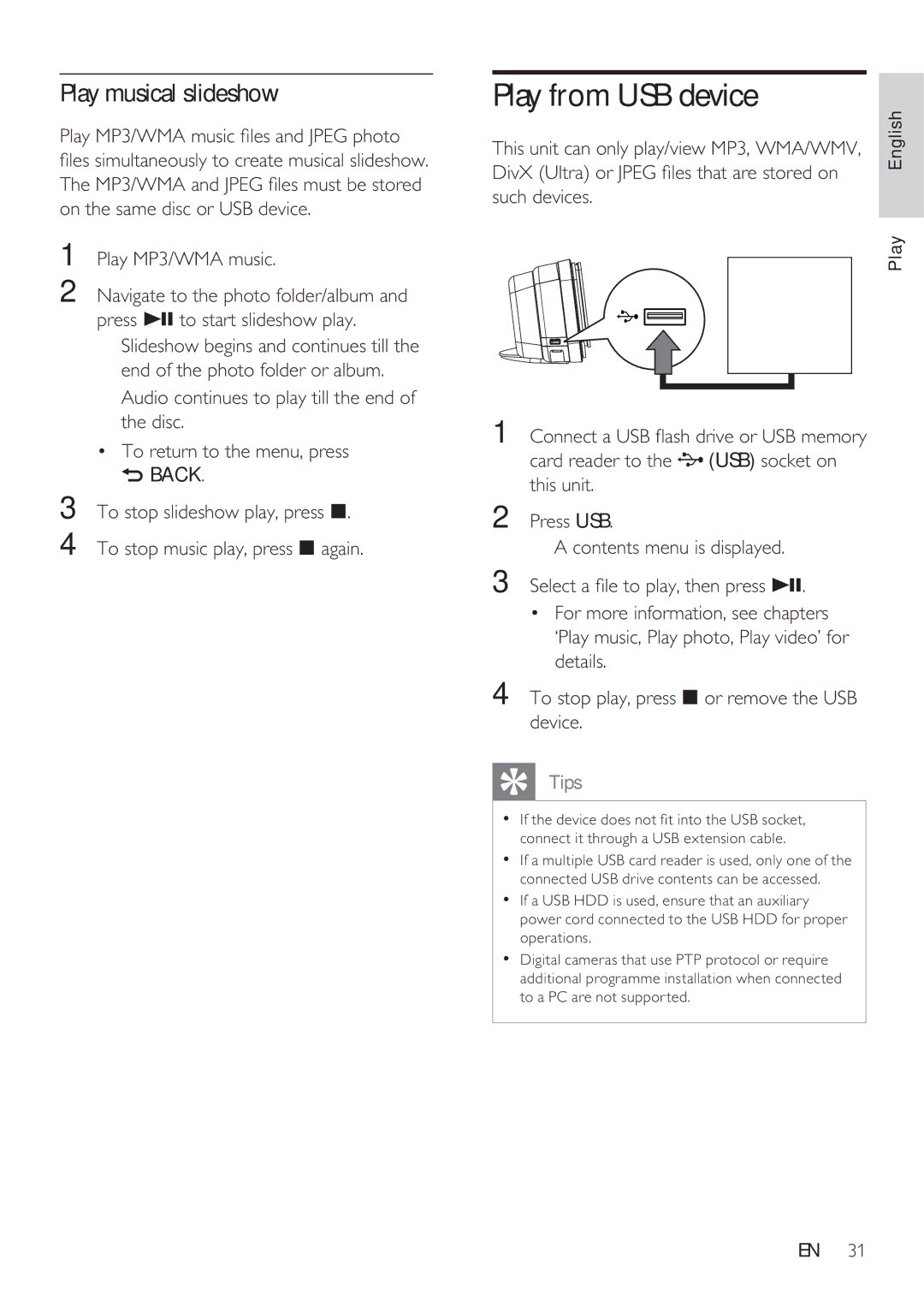 Philips HTS8141/12 user manual Play from USB device, Play musical slideshow 