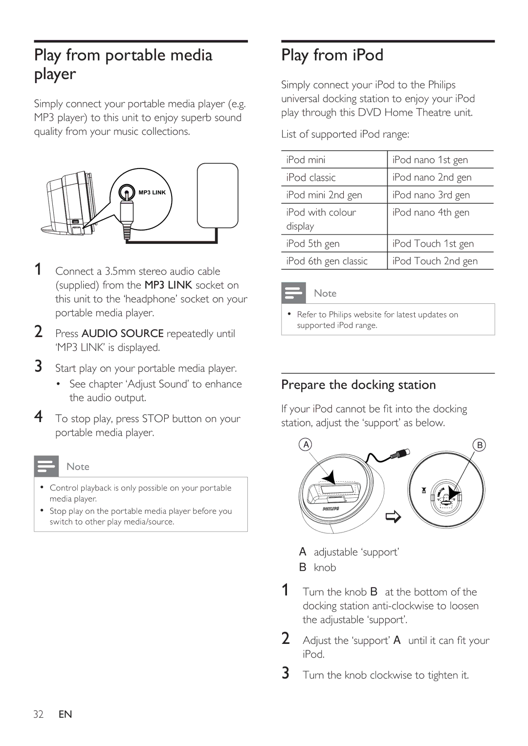 Philips HTS8141/12 user manual Play from portable media player, Play from iPod, Prepare the docking station, IPod classic 