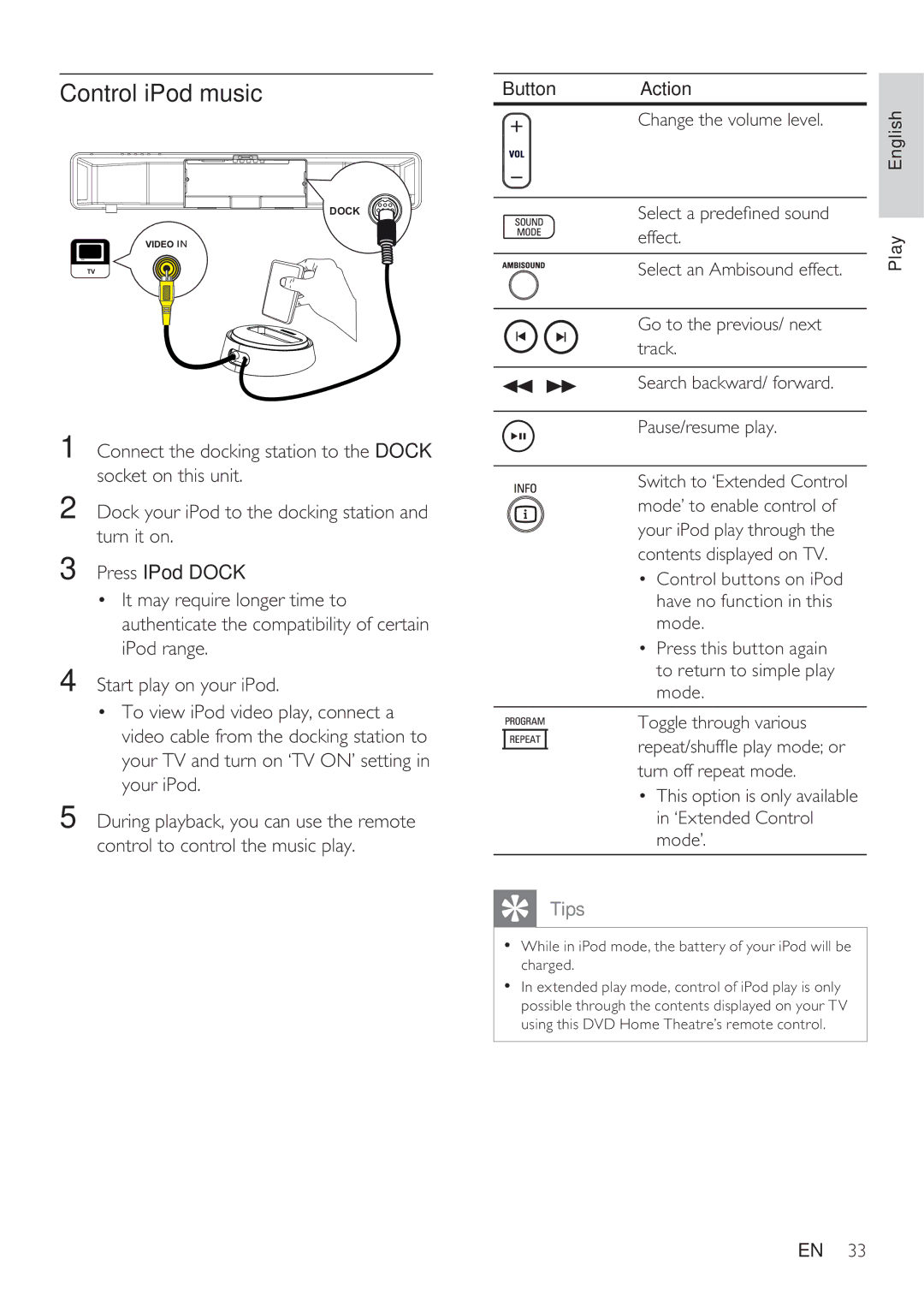 Philips HTS8141/12 user manual Control iPod music, Pause/resume play 