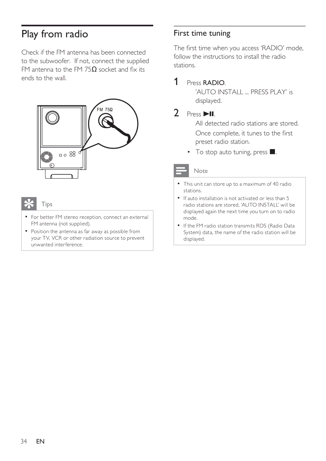 Philips HTS8141/12 user manual Play from radio, First time tuning 