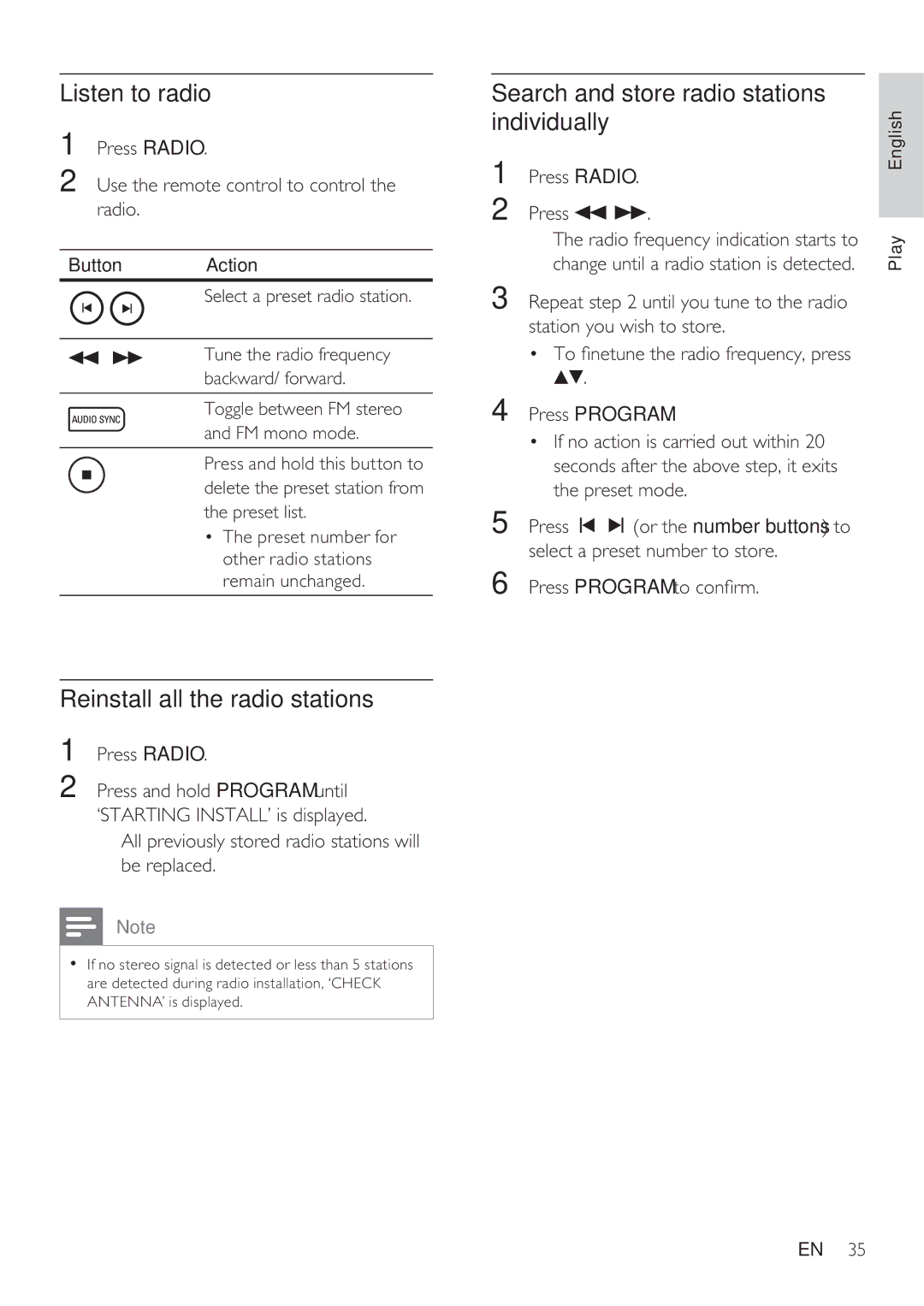 Philips HTS8141/12 Listen to radio, Reinstall all the radio stations, Search and store radio stations individually 