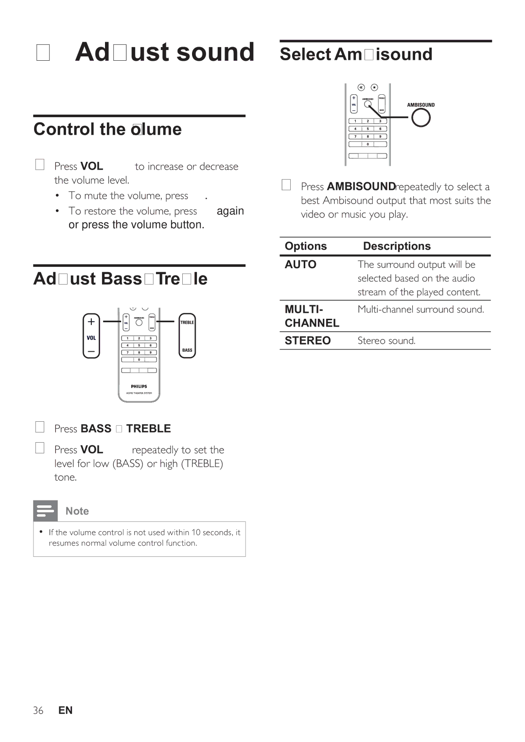 Philips HTS8141/12 user manual Adjust sound, Control the volume, Adjust Bass/Treble, Select Ambisound 