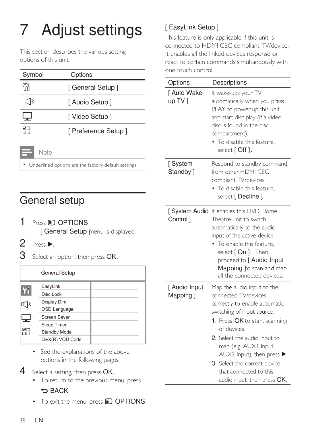 Philips HTS8141/12 user manual Adjust settings, General setup 