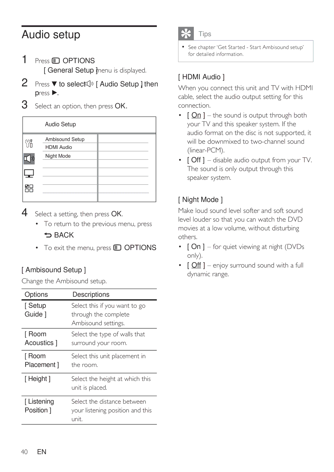 Philips HTS8141/12 user manual Audio setup 