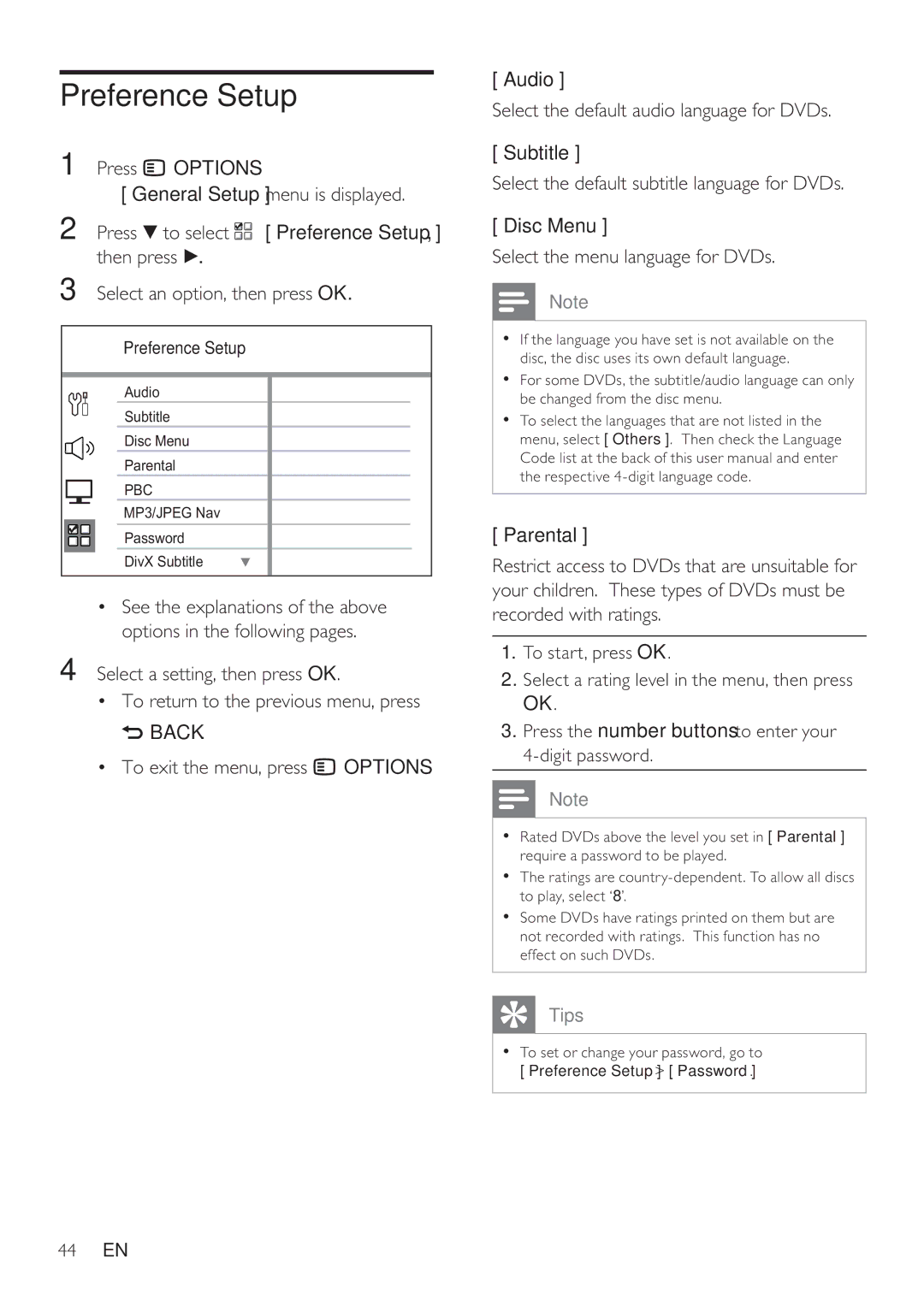 Philips HTS8141/12 user manual Preference Setup 