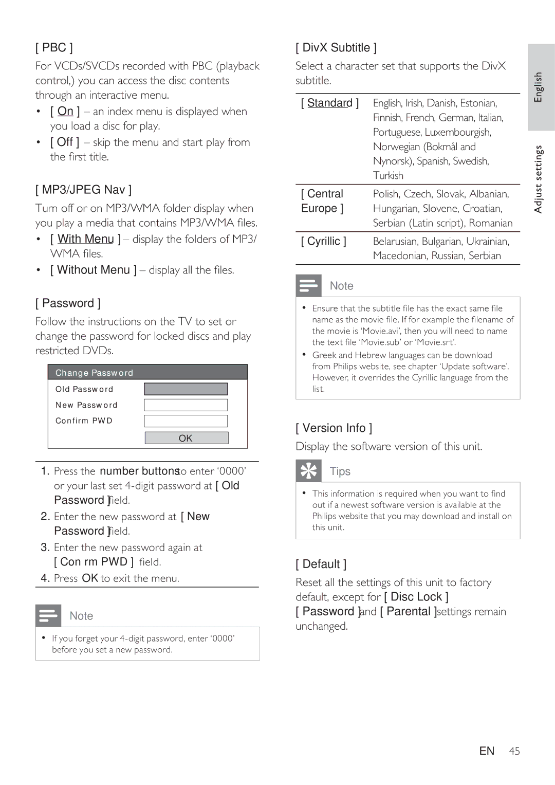 Philips HTS8141/12 user manual Version Info Display the software version of this unit, Default 