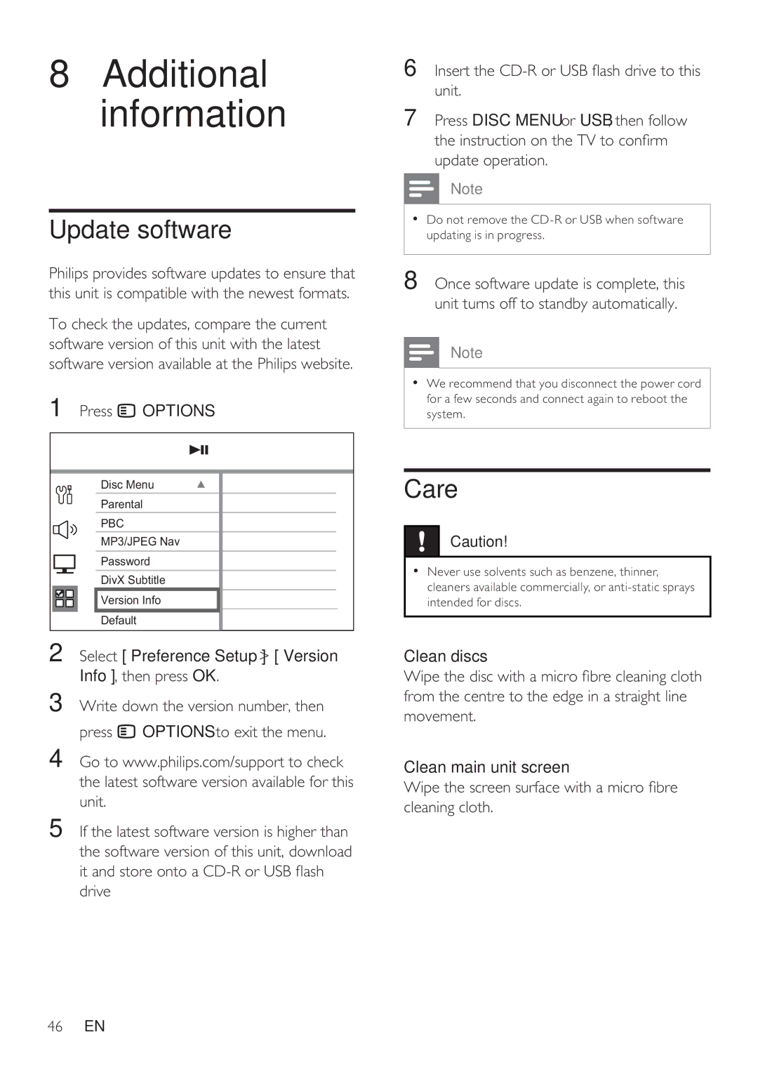 Philips HTS8141/12 user manual Update software, Care, Select Preference Setup Version Info , then press OK 