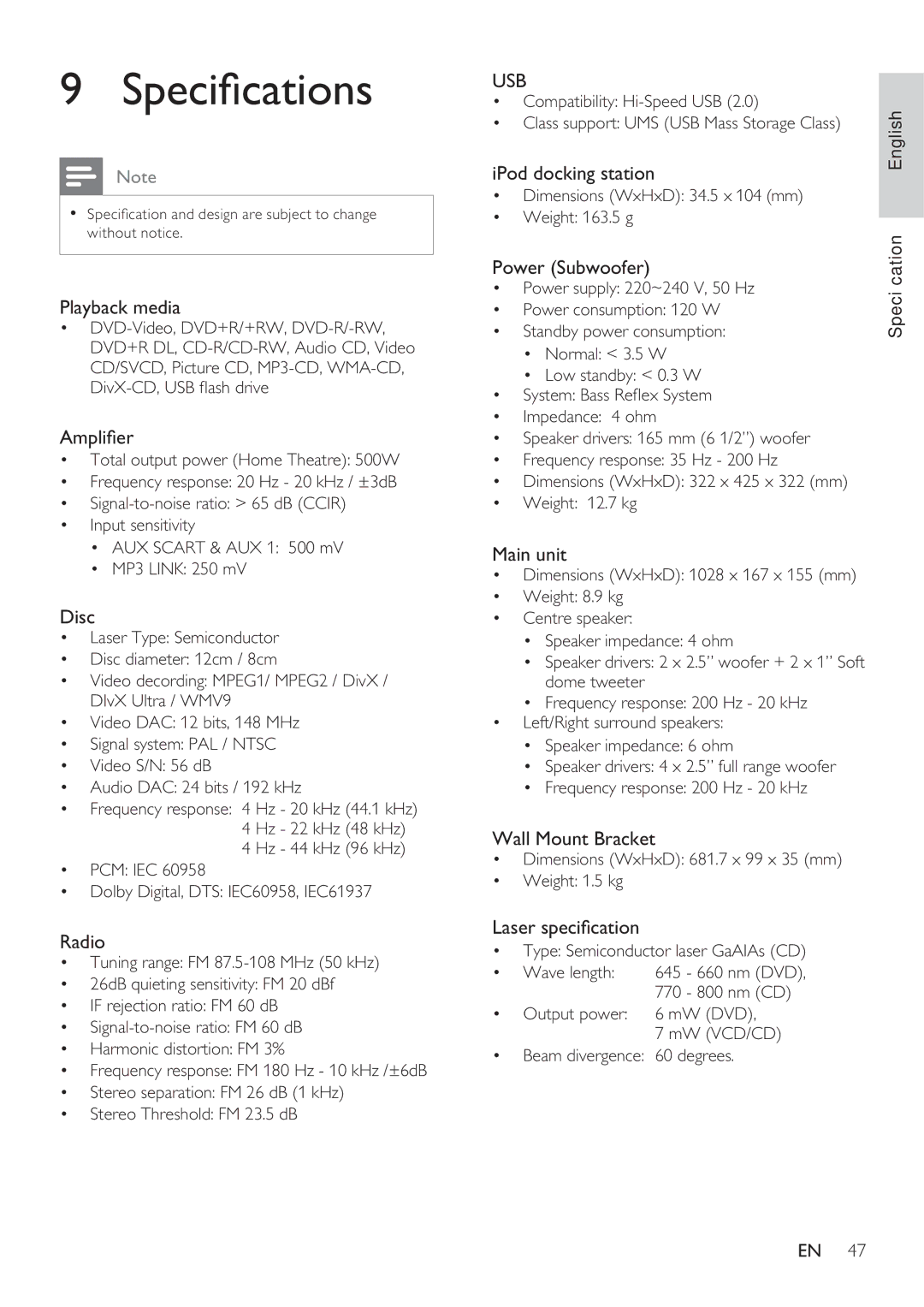 Philips HTS8141/12 user manual Speci cations 