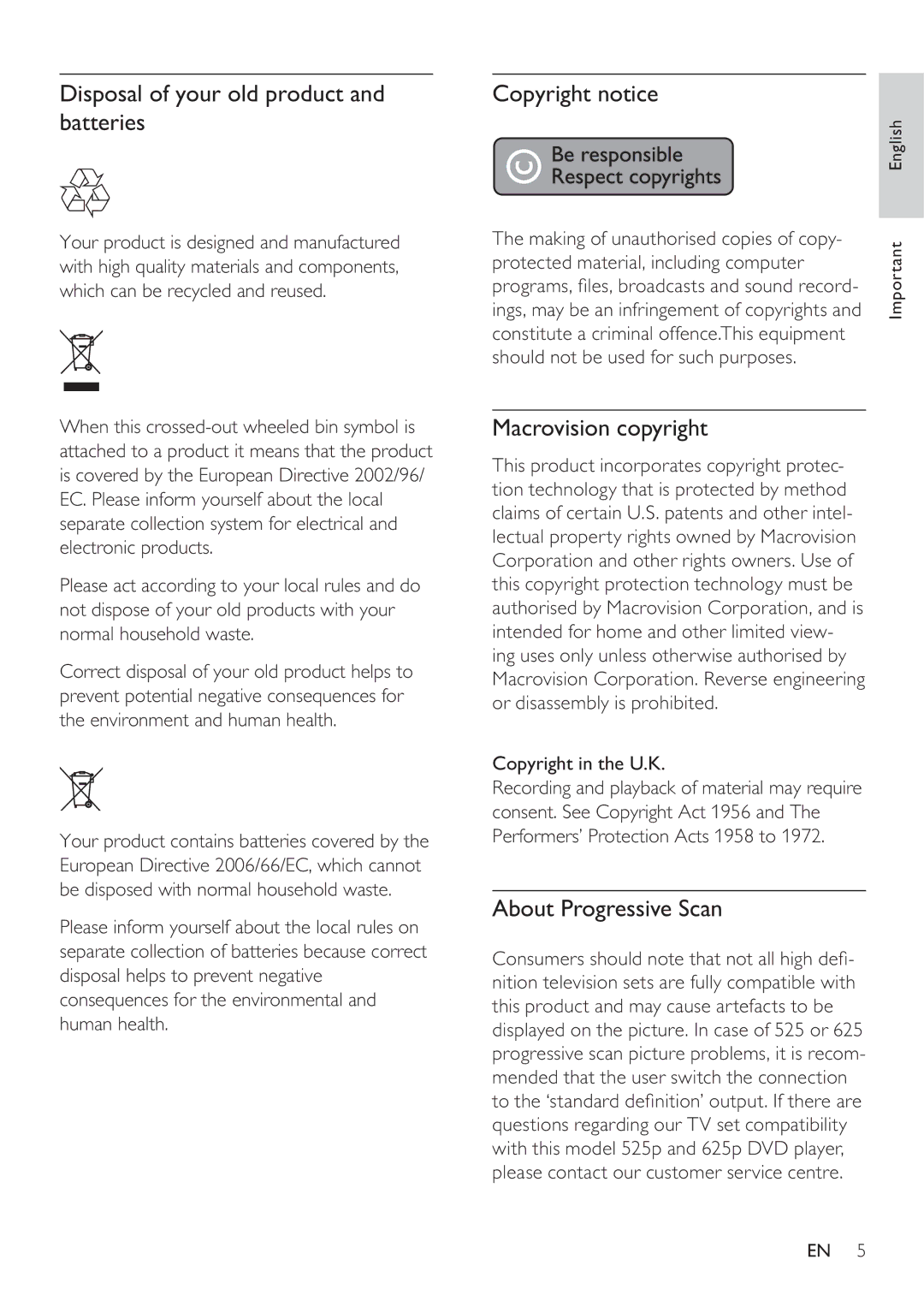 Philips HTS8141/12 user manual Disposal of your old product and batteries, Copyright notice, Macrovision copyright 