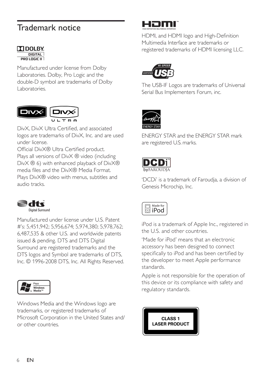 Philips HTS8141/12 user manual Trademark notice, Plays DivX video with menus, subtitles and audio tracks 