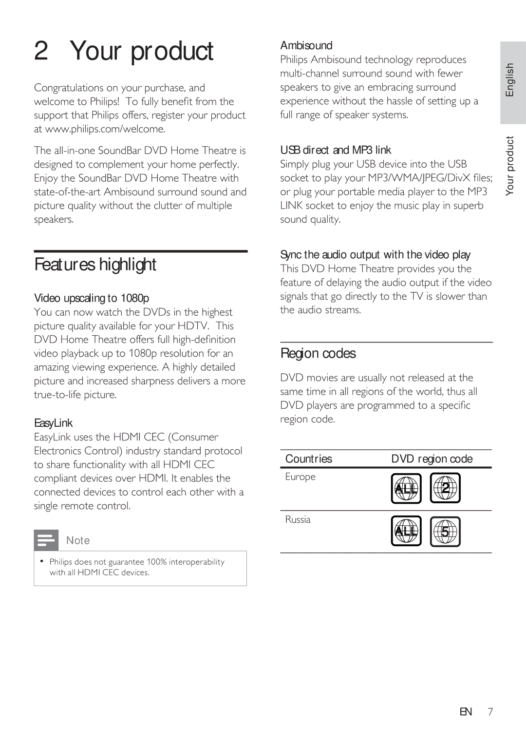 Philips HTS8141/12 user manual Your product, Features highlight, Region codes, USB direct and MP3 link 