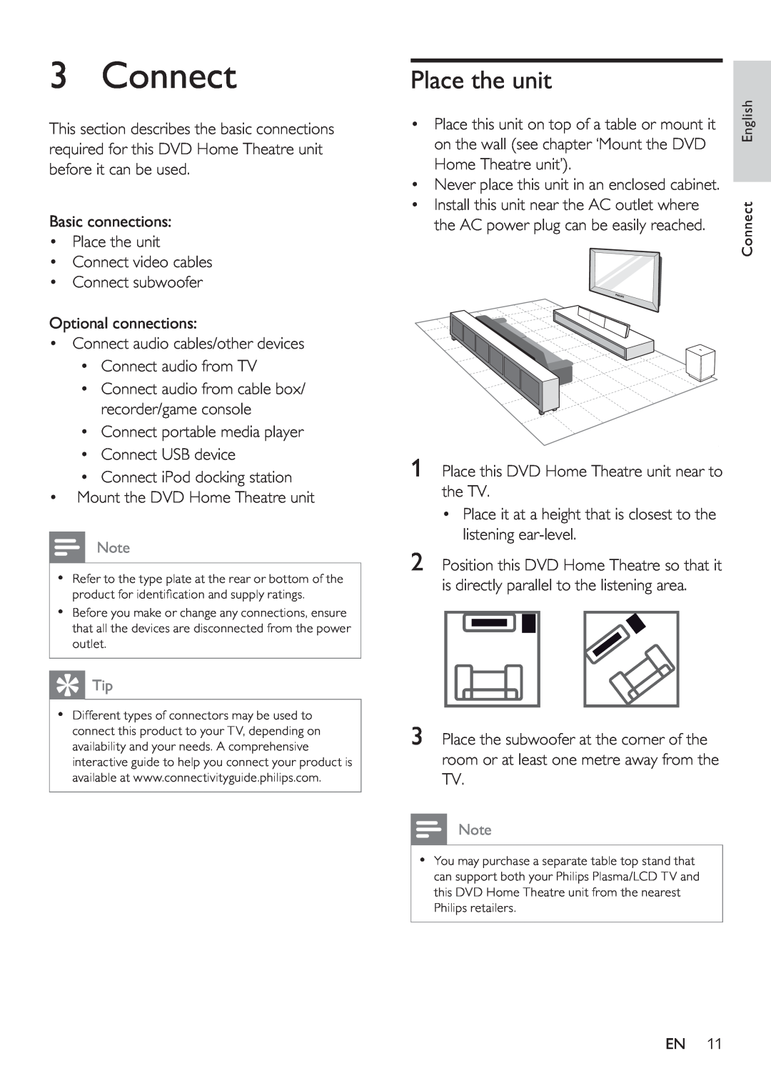 Philips HTS8141/12 user manual Connect, Place the unit 