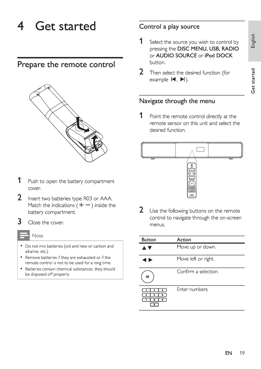 Philips HTS8141/12 user manual Get started, Prepare the remote control, Control a play source, Navigate through the menu 