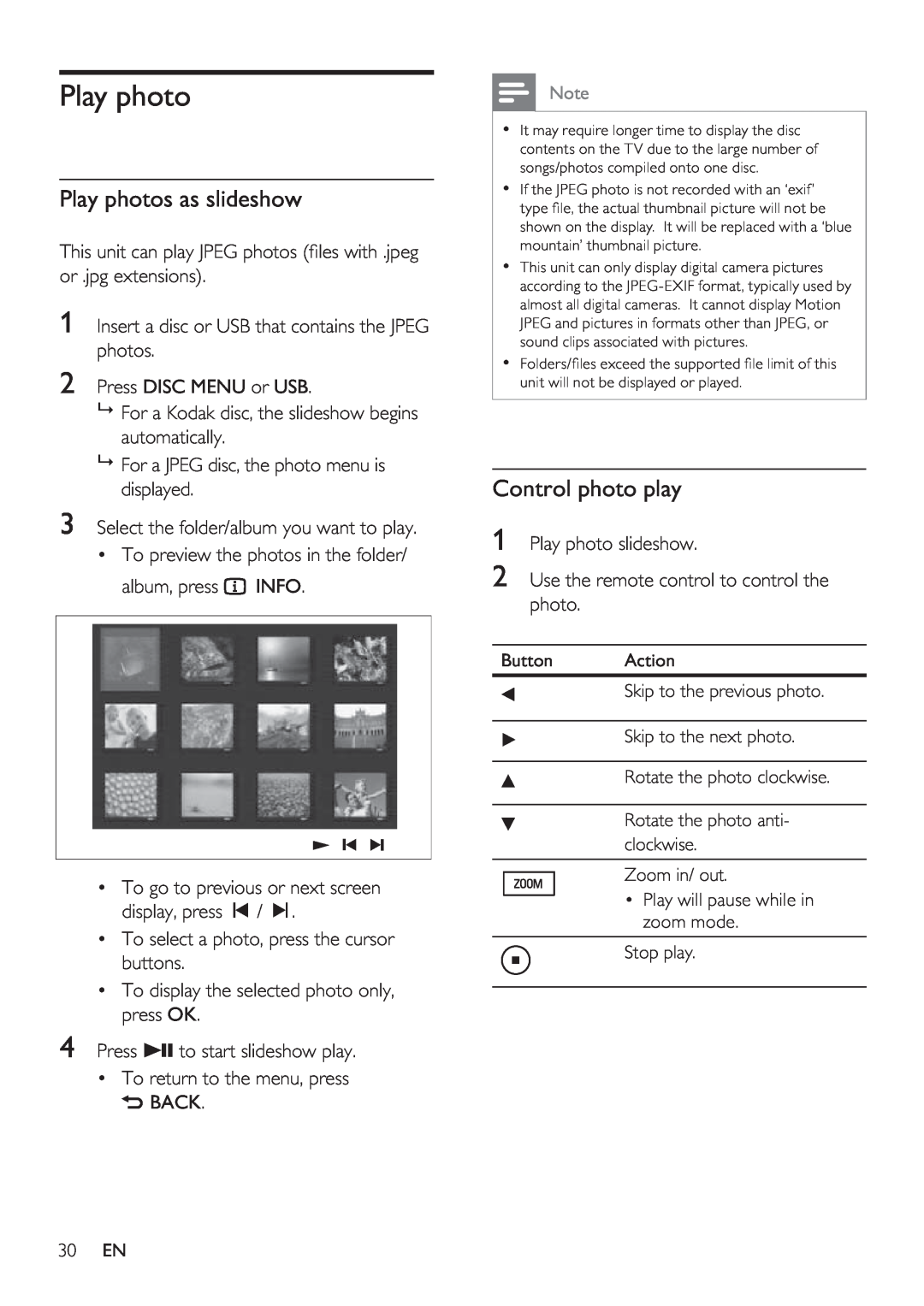 Philips HTS8141/12 user manual Play photos as slideshow, Control photo play 