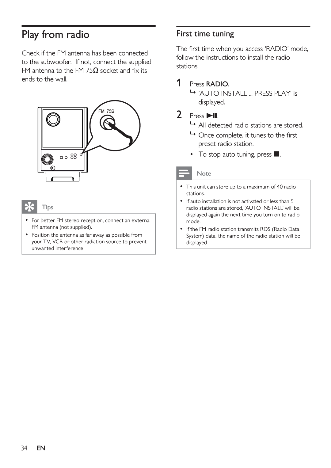 Philips HTS8141/12 user manual Play from radio, First time tuning 