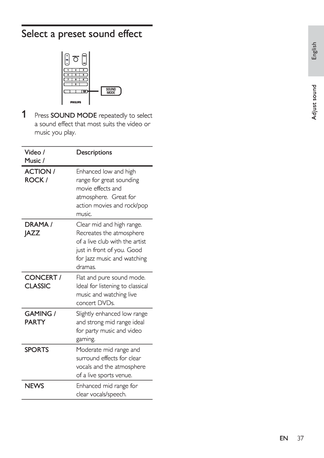 Philips HTS8141/12 user manual Select a preset sound effect 