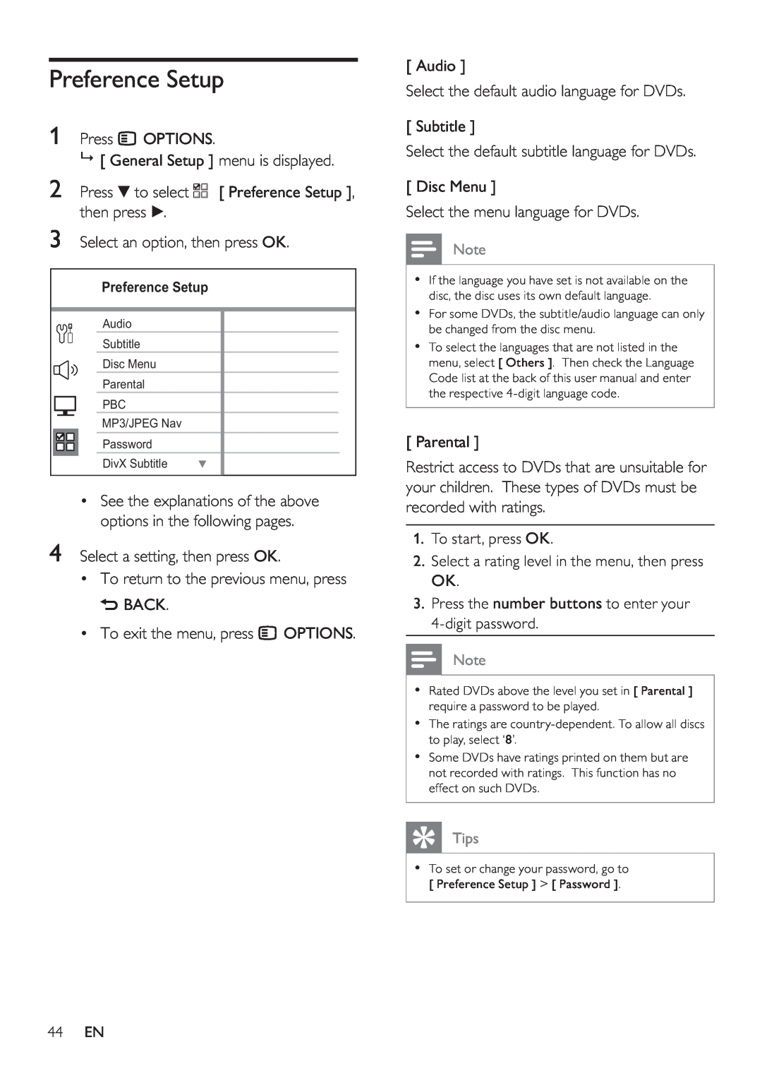 Philips HTS8141/12 user manual Preference Setup 