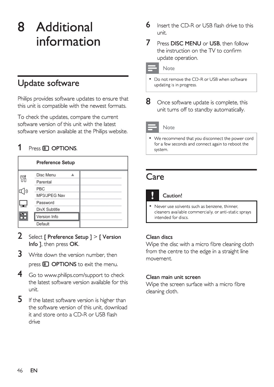 Philips HTS8141/12 user manual Update software, Care, 8Additional information 