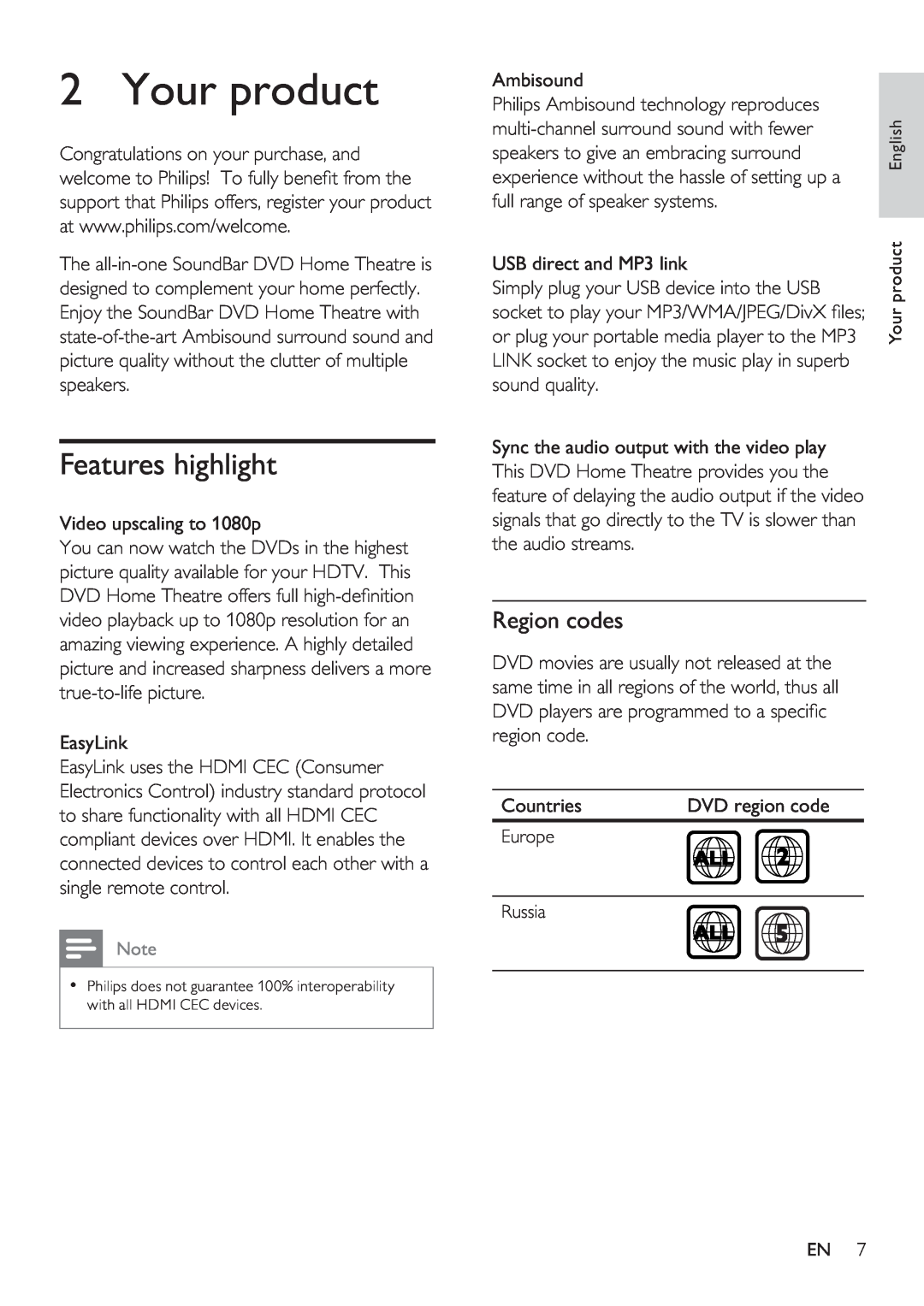 Philips HTS8141/12 user manual Your product, Features highlight, Region codes 
