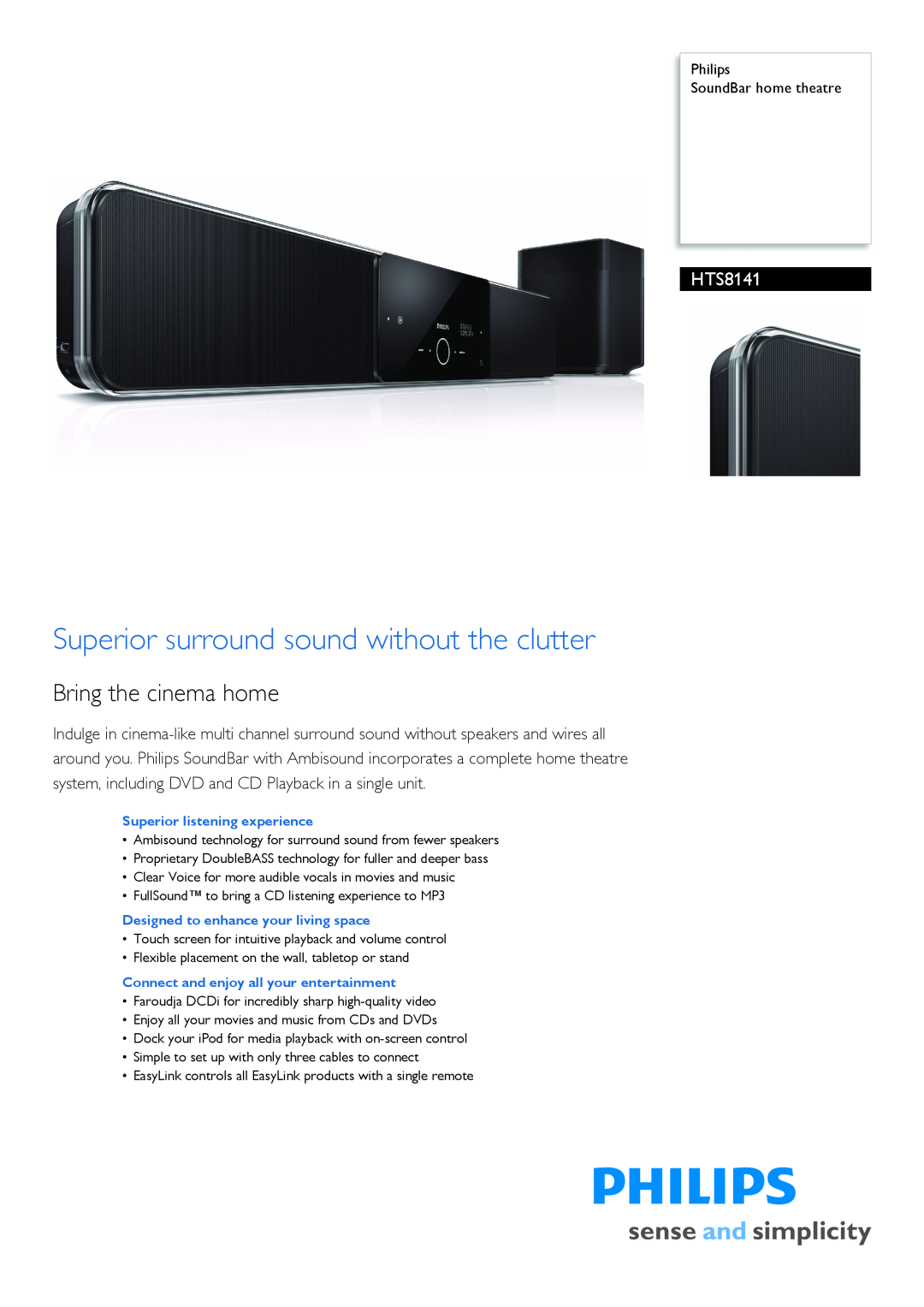 Philips HTS8141/98 manual Philips SoundBar home theatre, Superior surround sound without the clutter 