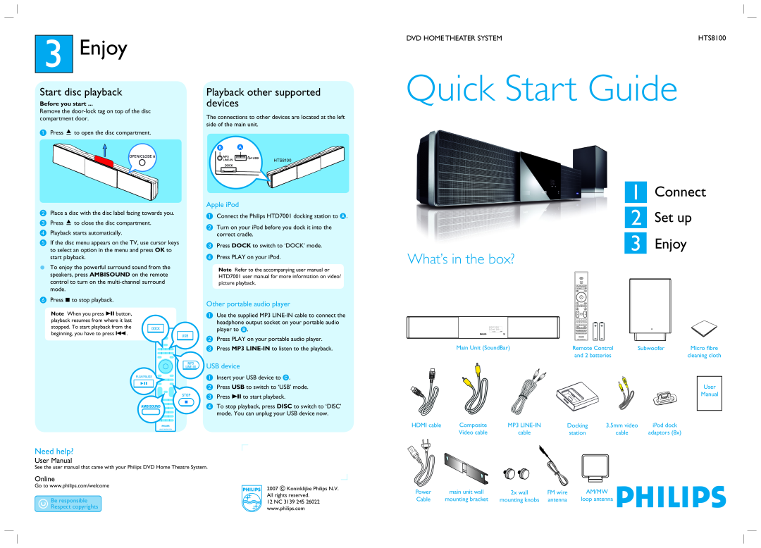 Philips HTS81OO quick start Enjoy, Need help?, Dvd Home Theater System, Online, Quick Start Guide, What’s in the box? 