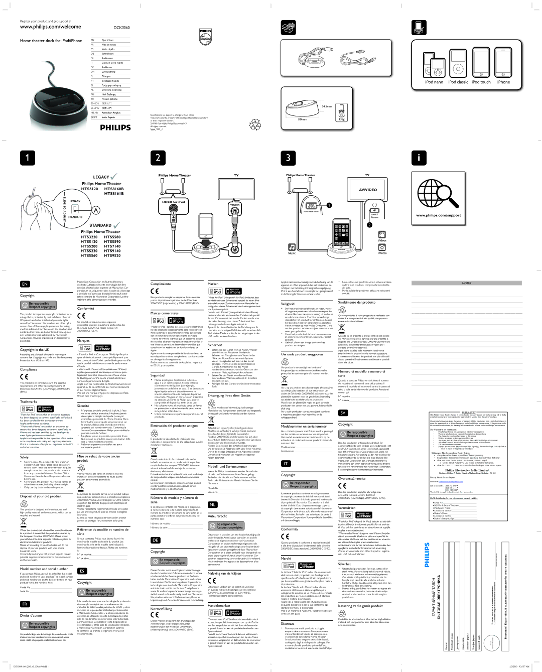 Philips HTS7140 quick start CumplimientoMarken, Copyright in the UK, Compliance, Conformité, Marques, Seguridad 