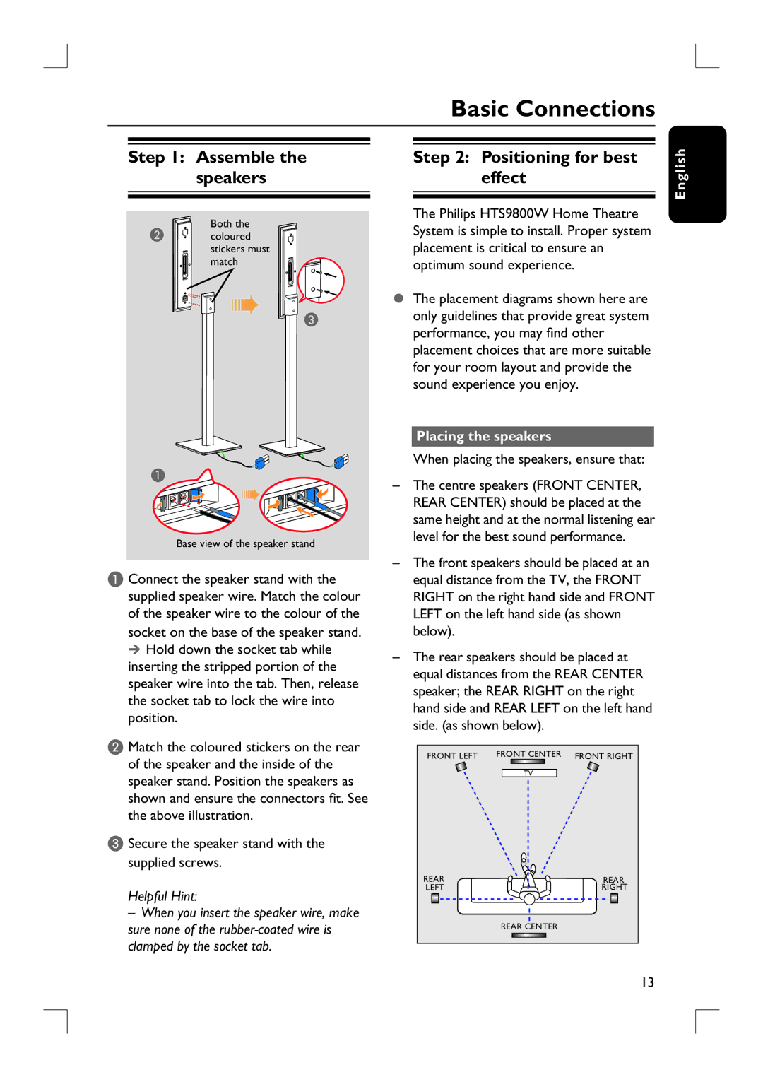 Philips HTS9800W user manual Basic Connections, Assemble the speakers, Positioning for best effect, Placing the speakers 