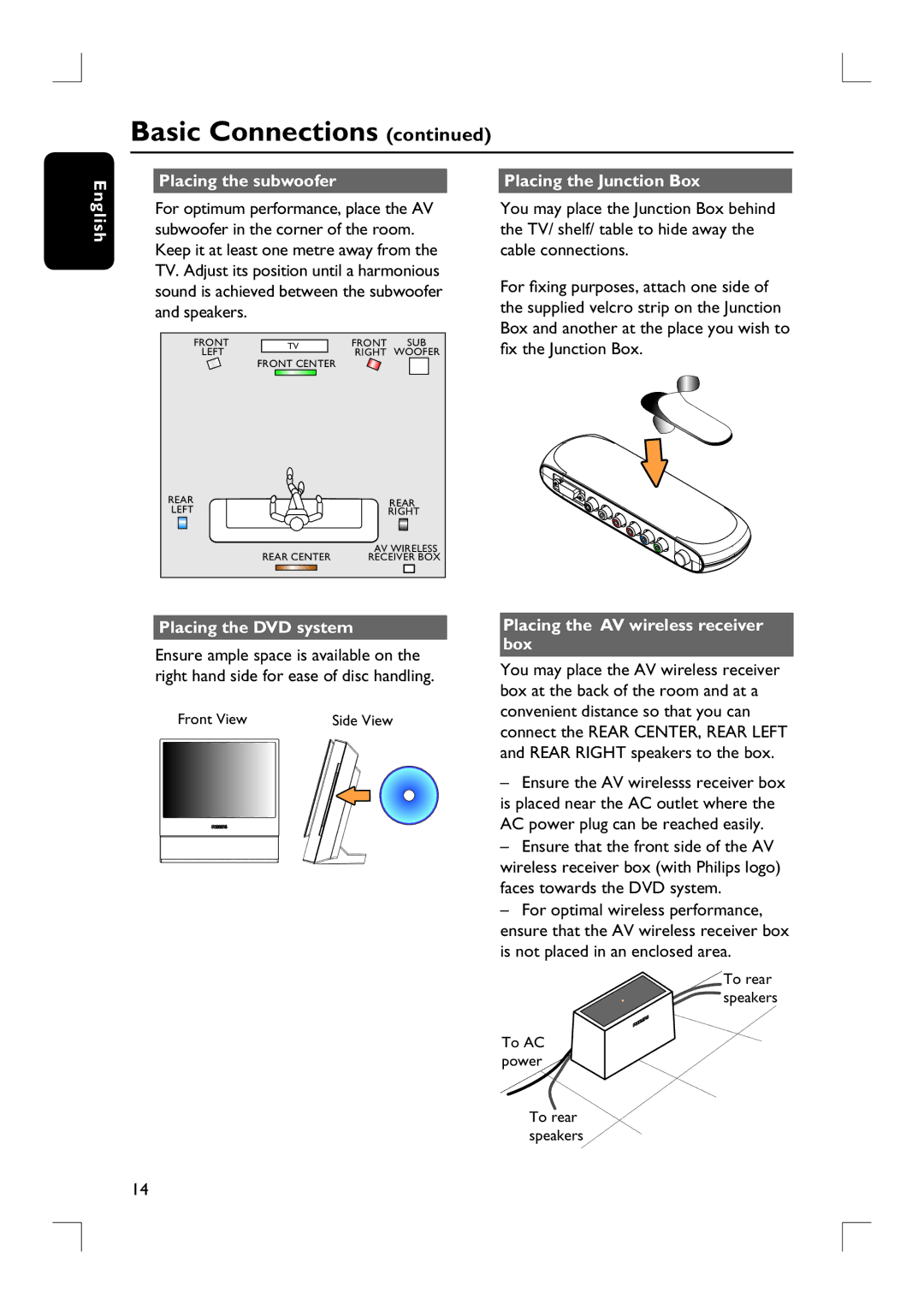 Philips HTS9800W user manual Placing the subwoofer Placing the Junction Box English, Placing the DVD system 