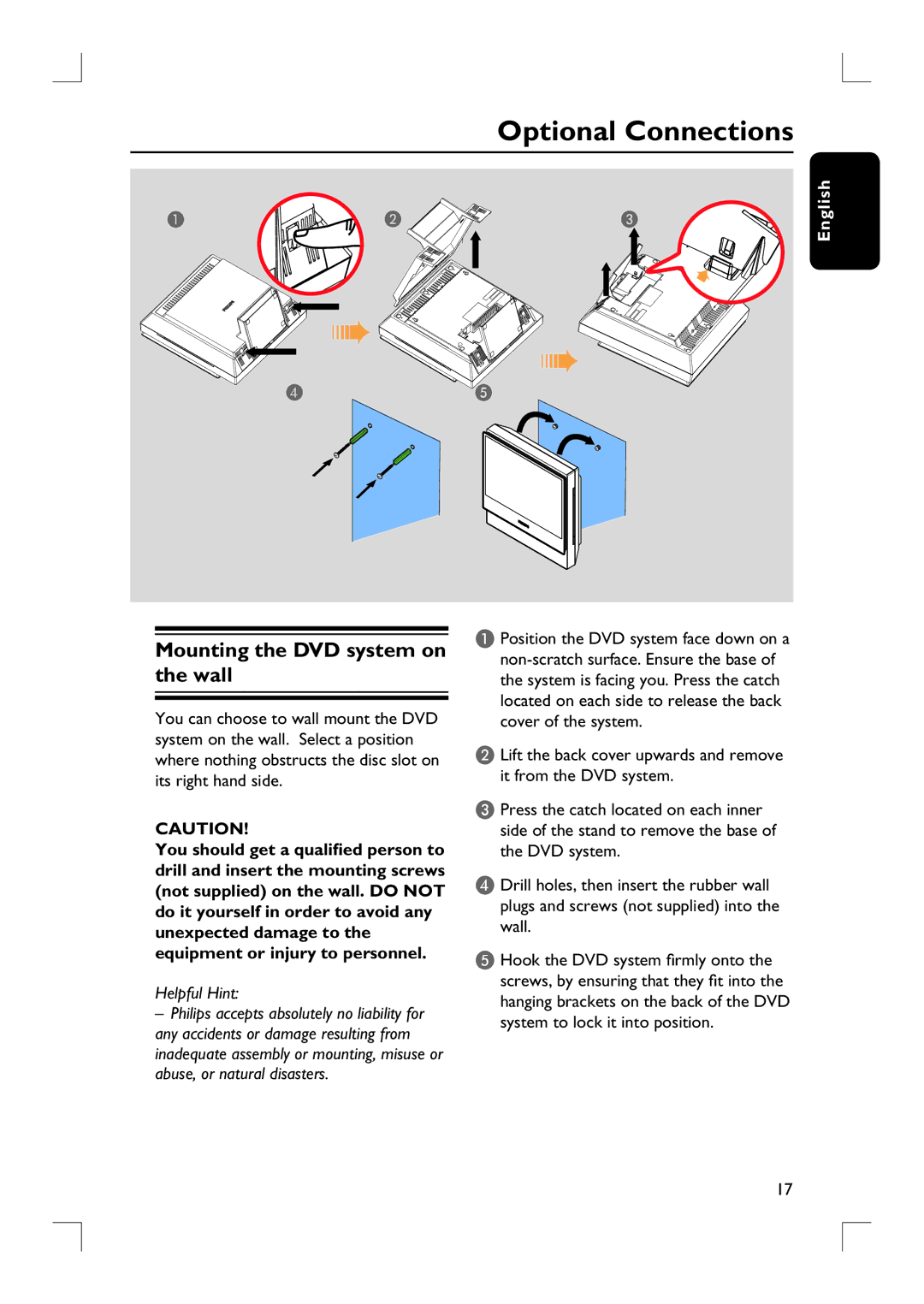 Philips HTS9800W user manual Optional Connections, Mounting the DVD system on the wall 