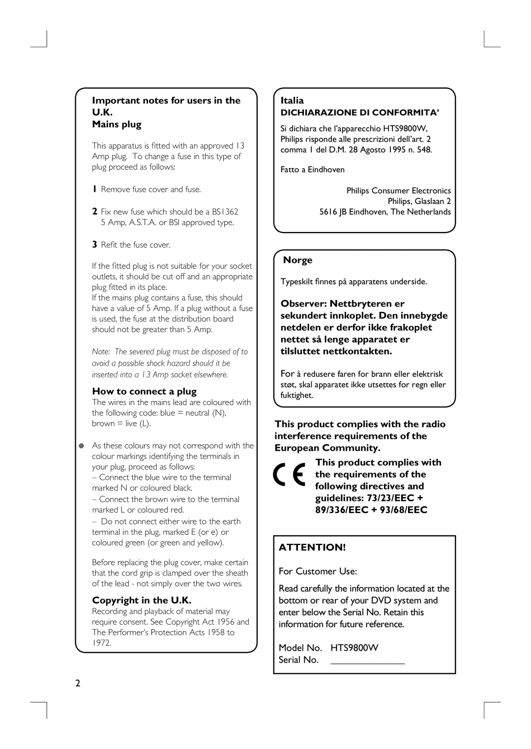 Philips HTS9800W Important notes for users in the U.K Mains plug, How to connect a plug, Copyright in the U.K, Italia 