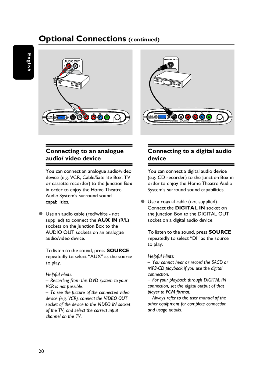 Philips HTS9800W user manual Connecting to a digital audio device, Connecting to an analogue audio/ video device 