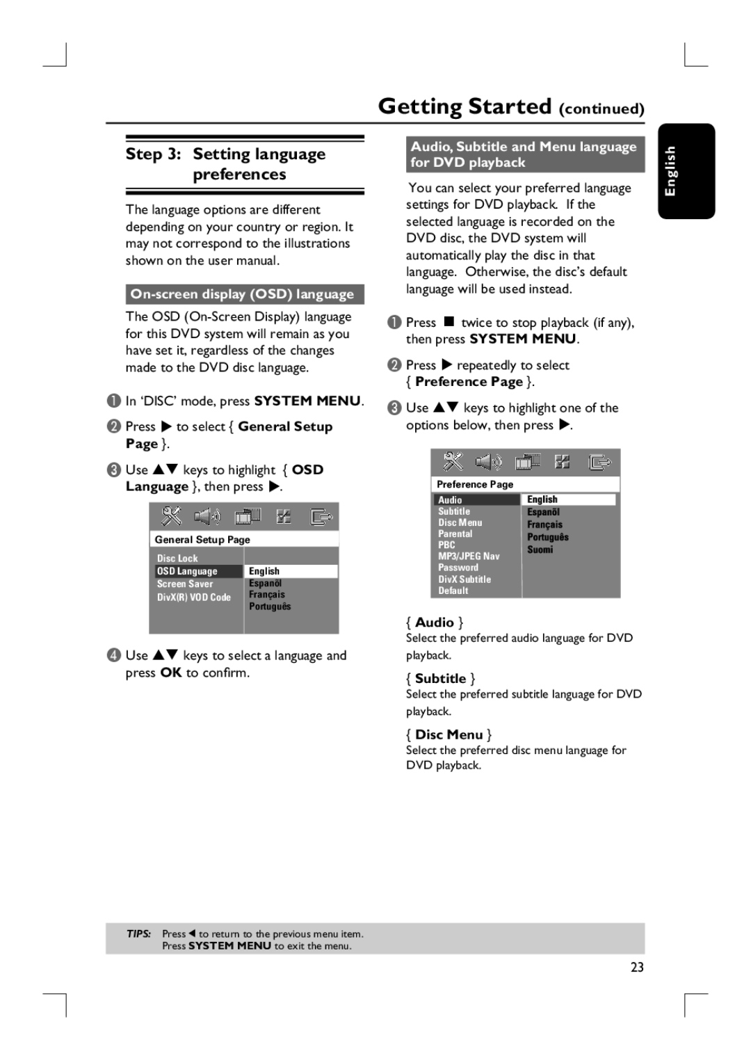 Philips HTS9800W user manual Setting language preferences, On-screen display OSD language, Preference 