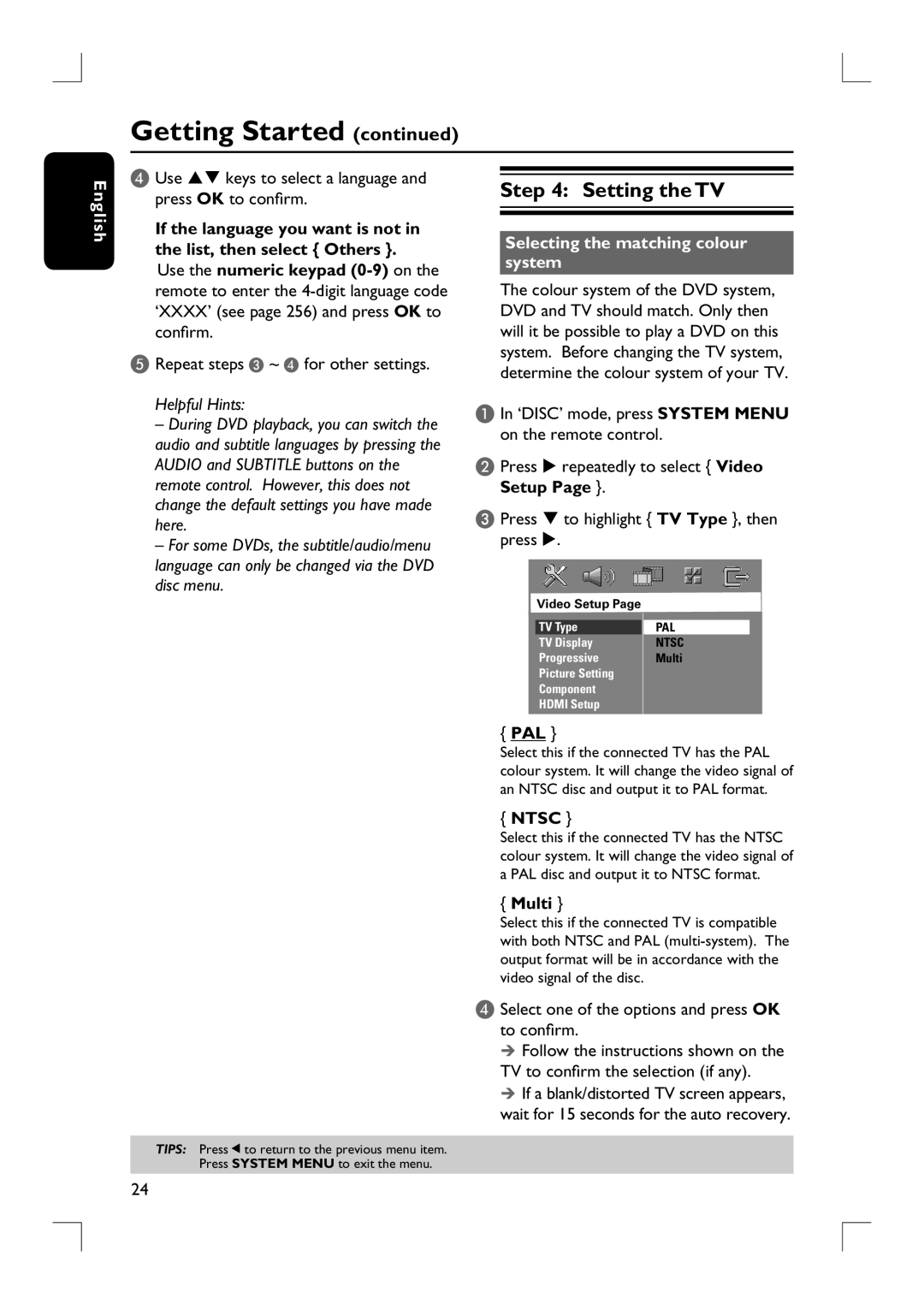 Philips HTS9800W user manual Setting the TV, Selecting the matching colour system, Pal, Ntsc, Multi 