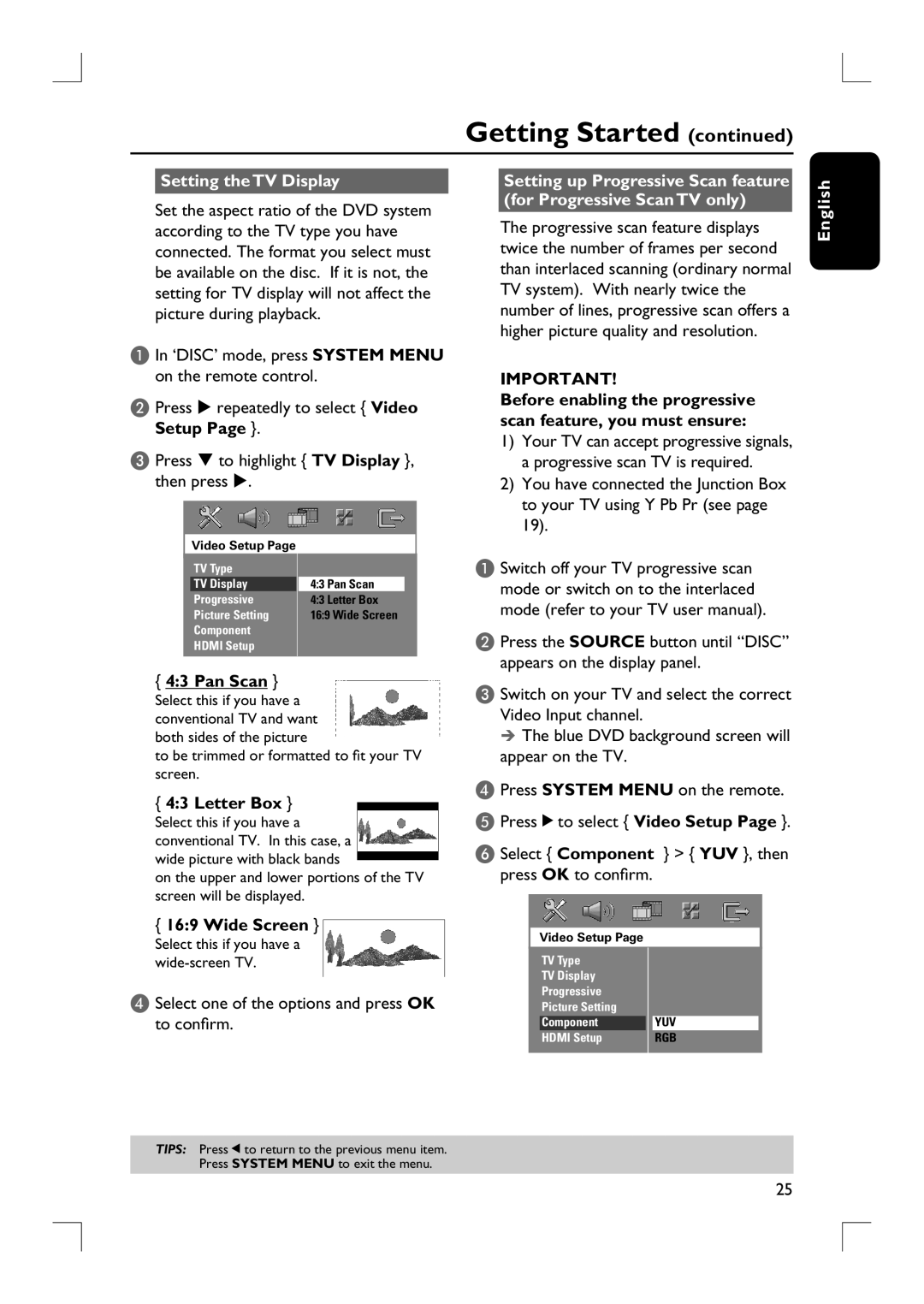 Philips HTS9800W user manual Setting the TV Display, Pan Scan, Letter Box, Wide Screen 