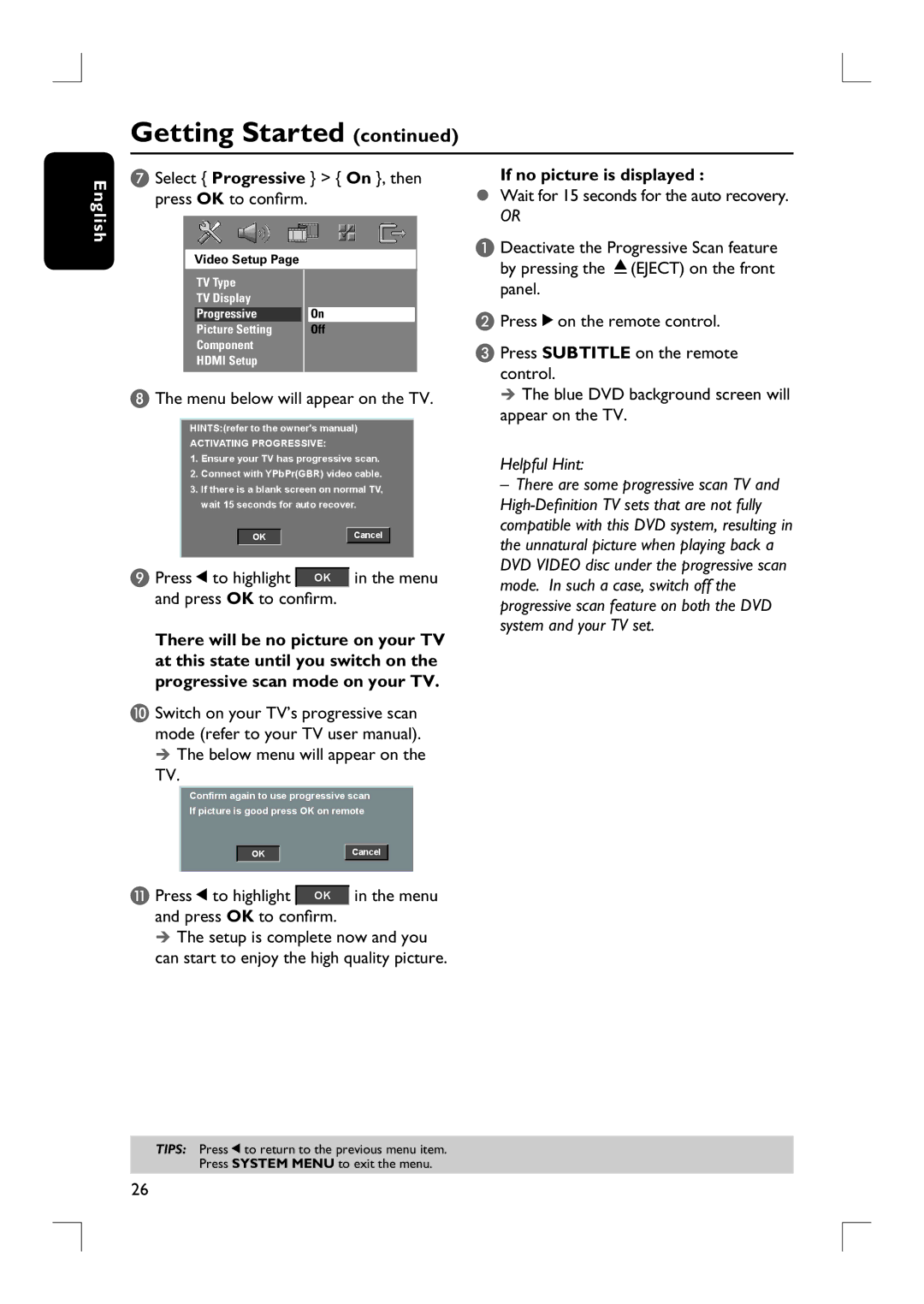 Philips HTS9800W user manual Select Progressive On , then press OK to confi rm, Menu below will appear on the TV 