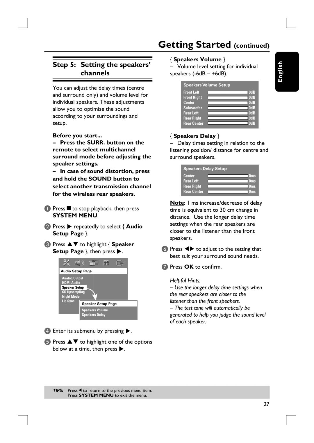 Philips HTS9800W user manual Setting the speakers’ channels, Speakers Volume, Speakers Delay 