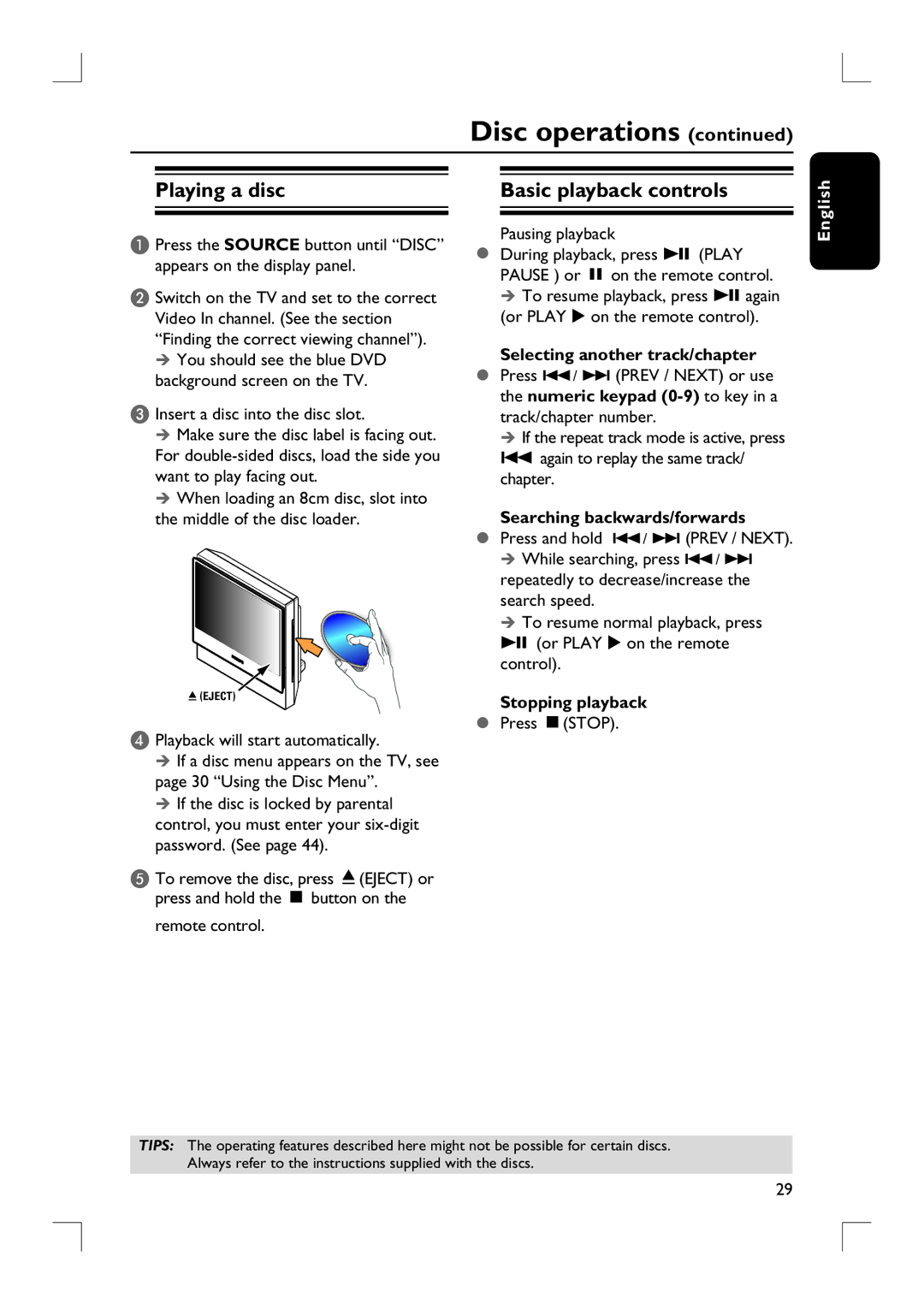 Philips HTS9800W Playing a disc, Basic playback controls, Selecting another track/chapter, Searching backwards/forwards 