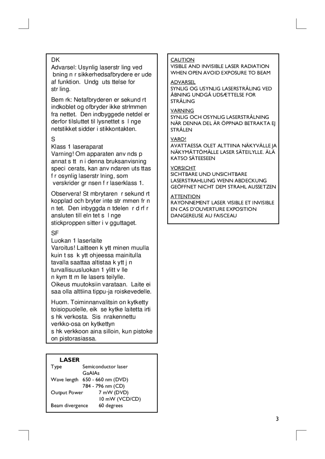 Philips HTS9800W user manual Klass 1 laseraparat 