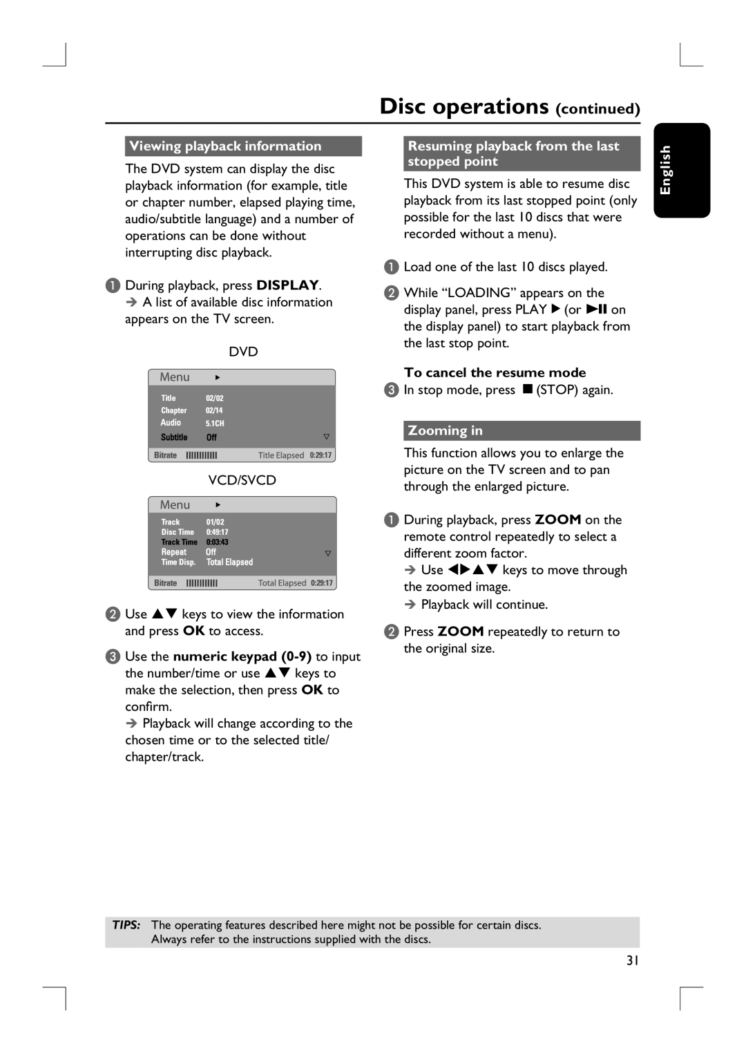 Philips HTS9800W Viewing playback information, Appears on the TV screen, Resuming playback from the last stopped point 