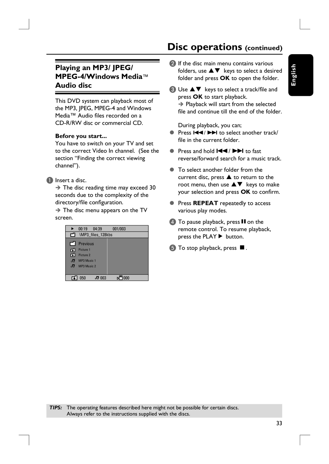 Philips HTS9800W user manual Playing an MP3/ JPEG/ MPEG-4/Windows Media Audio disc, Disc menu appears on the TV screen 