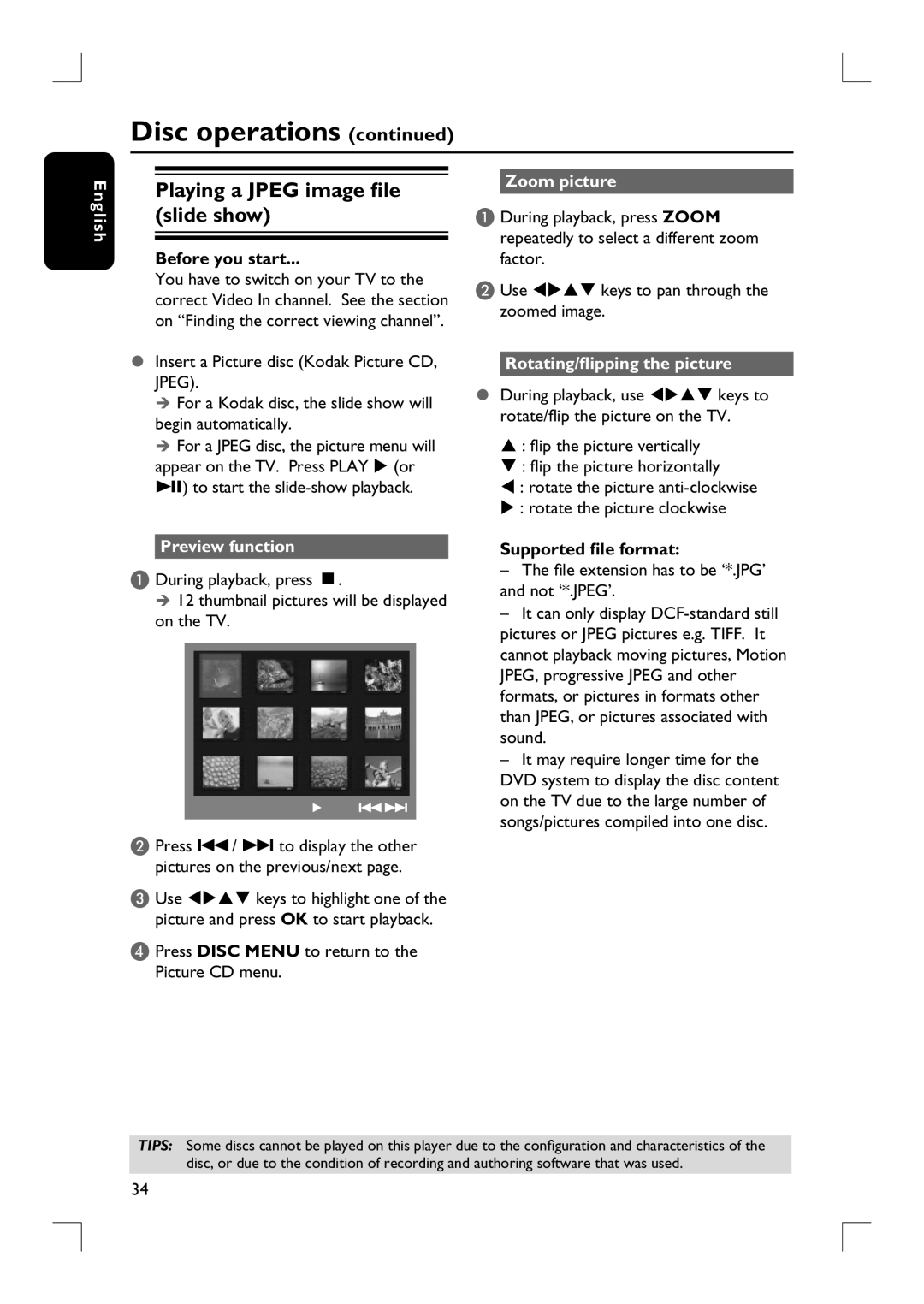 Philips HTS9800W Playing a Jpeg image file slide show, Preview function Zoom picture, Rotating/flipping the picture 