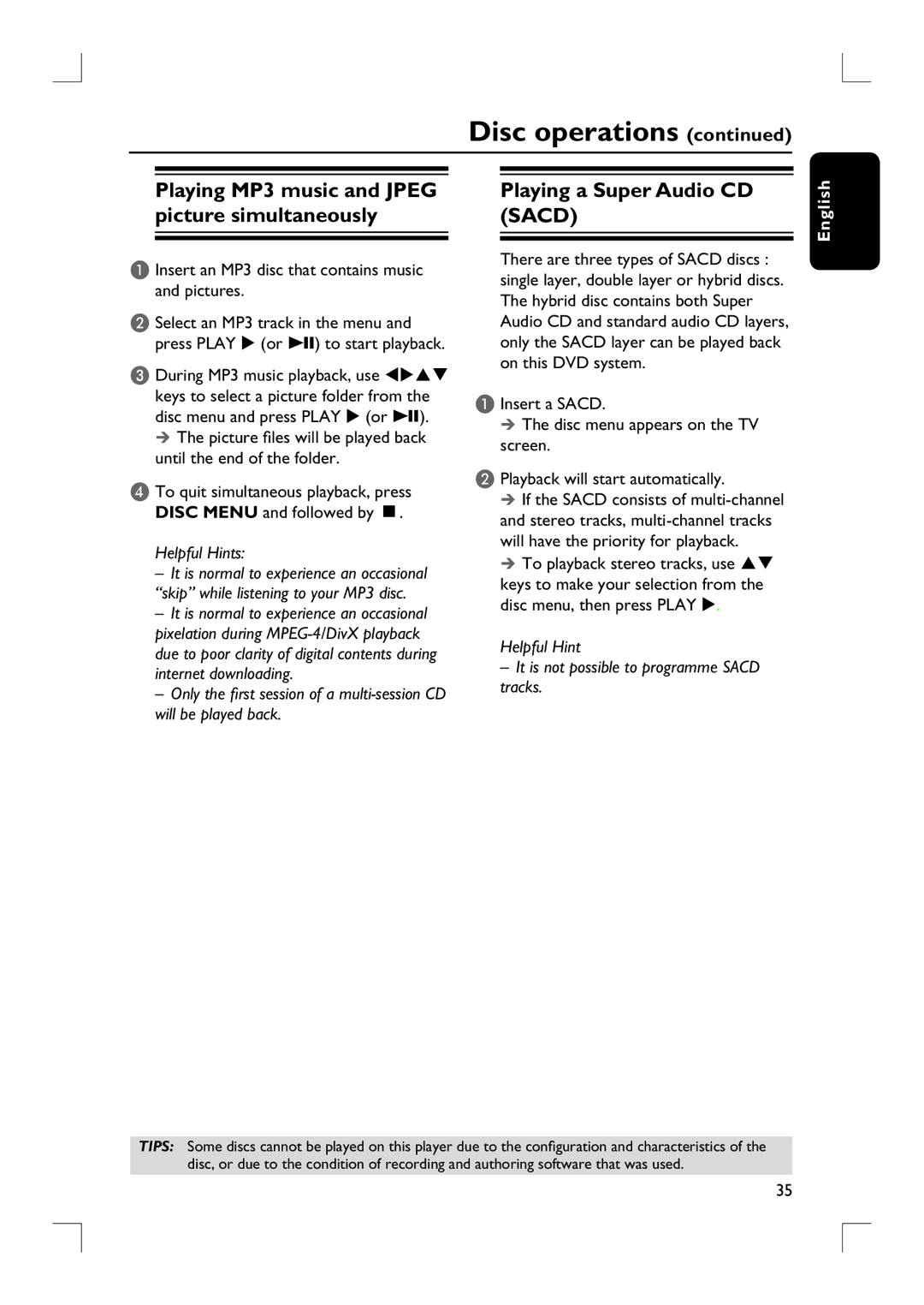 Philips HTS9800W user manual Playing a Super Audio CD Sacd, Insert an MP3 disc that contains music and pictures 