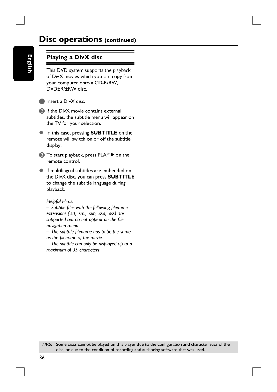 Philips HTS9800W user manual Playing a DivX disc 