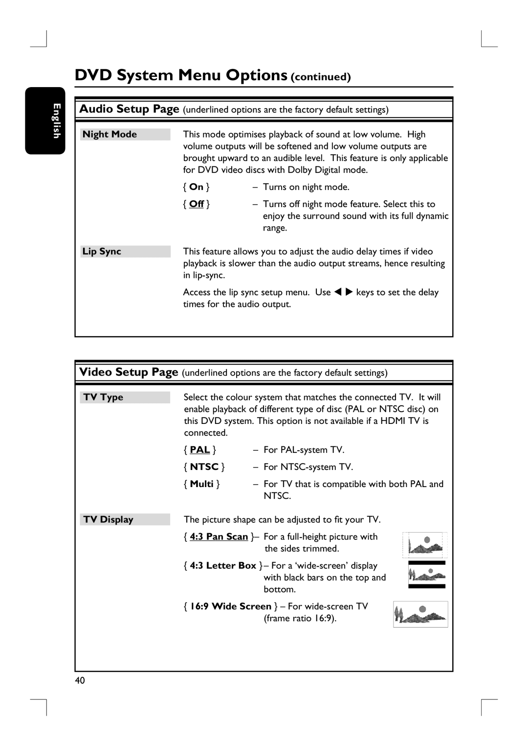 Philips HTS9800W user manual Night Mode, Lip Sync, TV Type, TV Display 