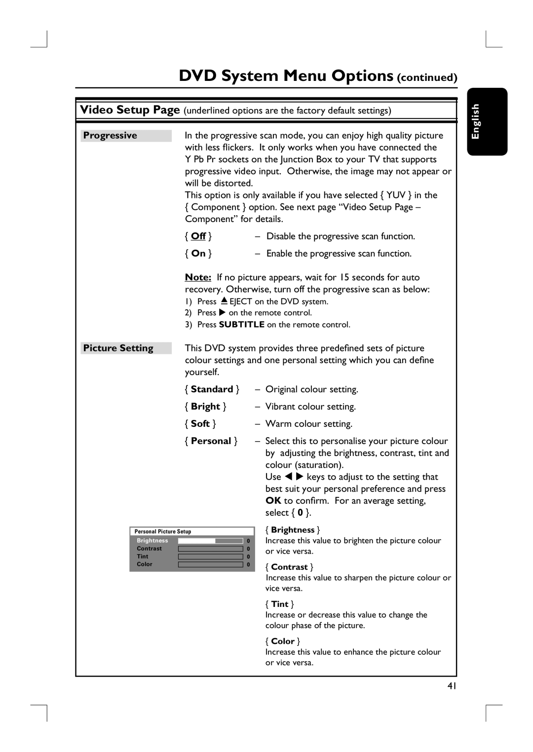 Philips HTS9800W user manual Progressive, Component option. See next page Video Setup, Component for details, Soft 